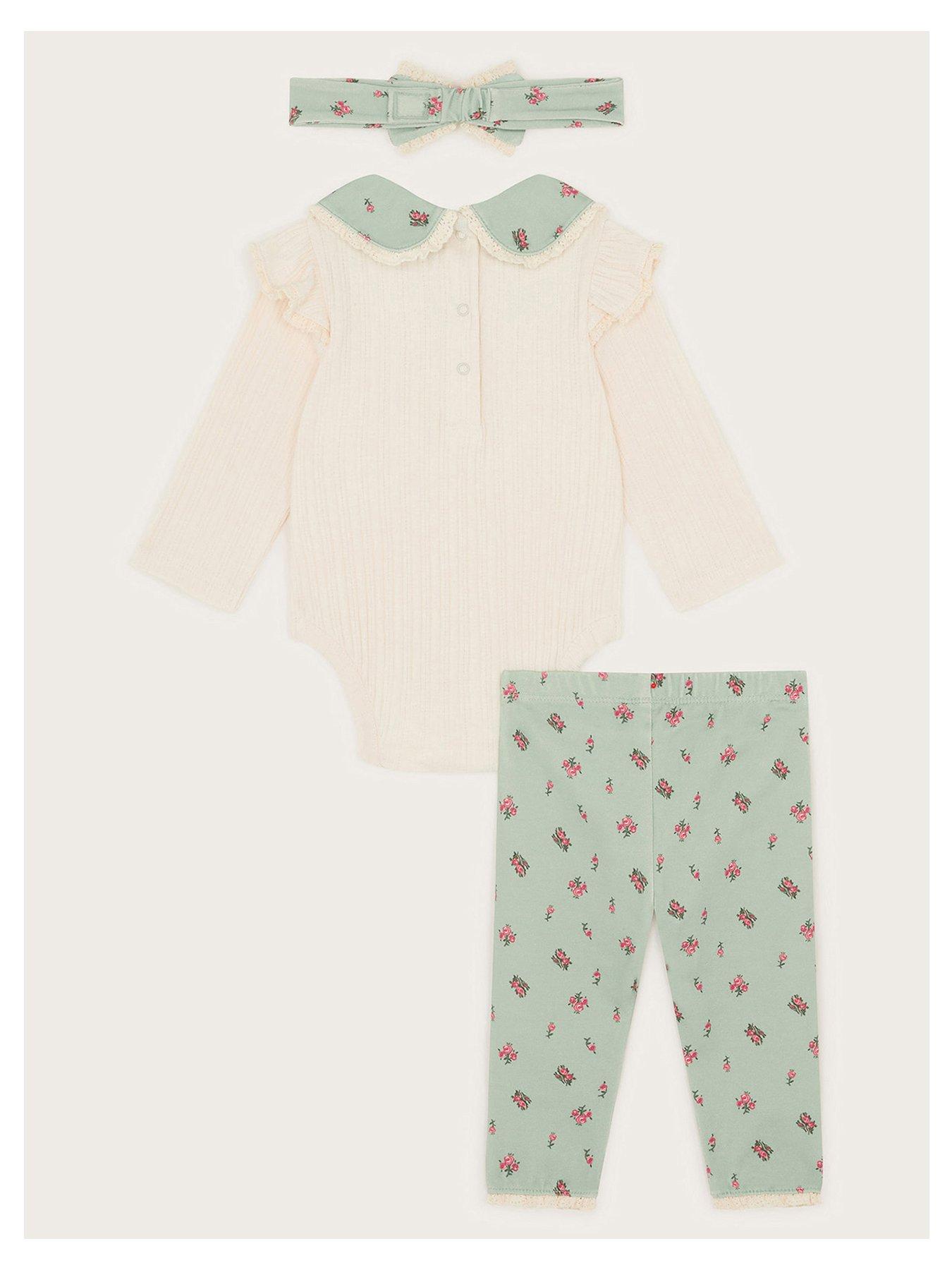  image of monsoon-baby-girls-floral-bodysuit-leggings-and-headband-set-green