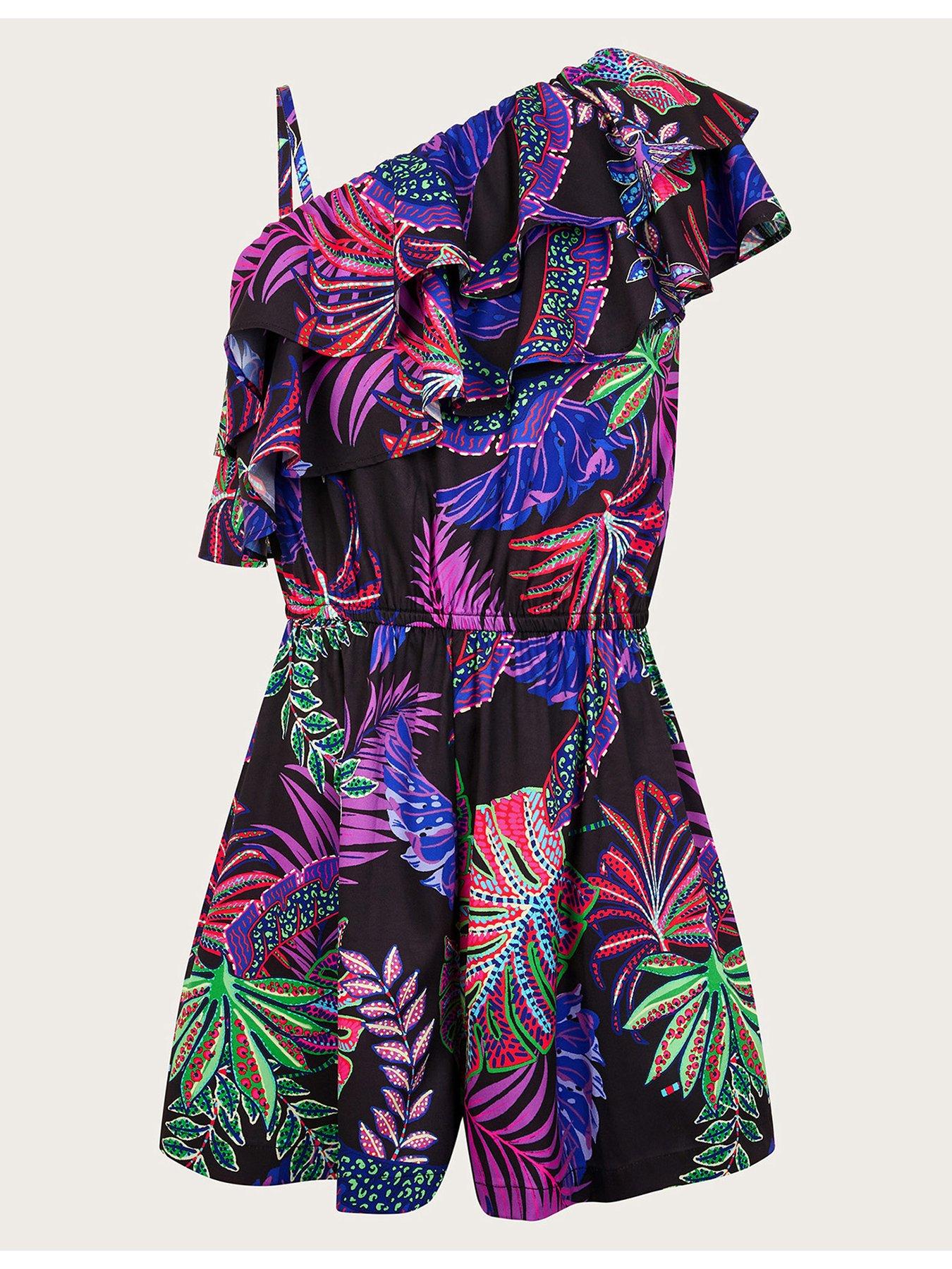  image of monsoon-girls-tropical-print-one-shoulder-playsuit-black