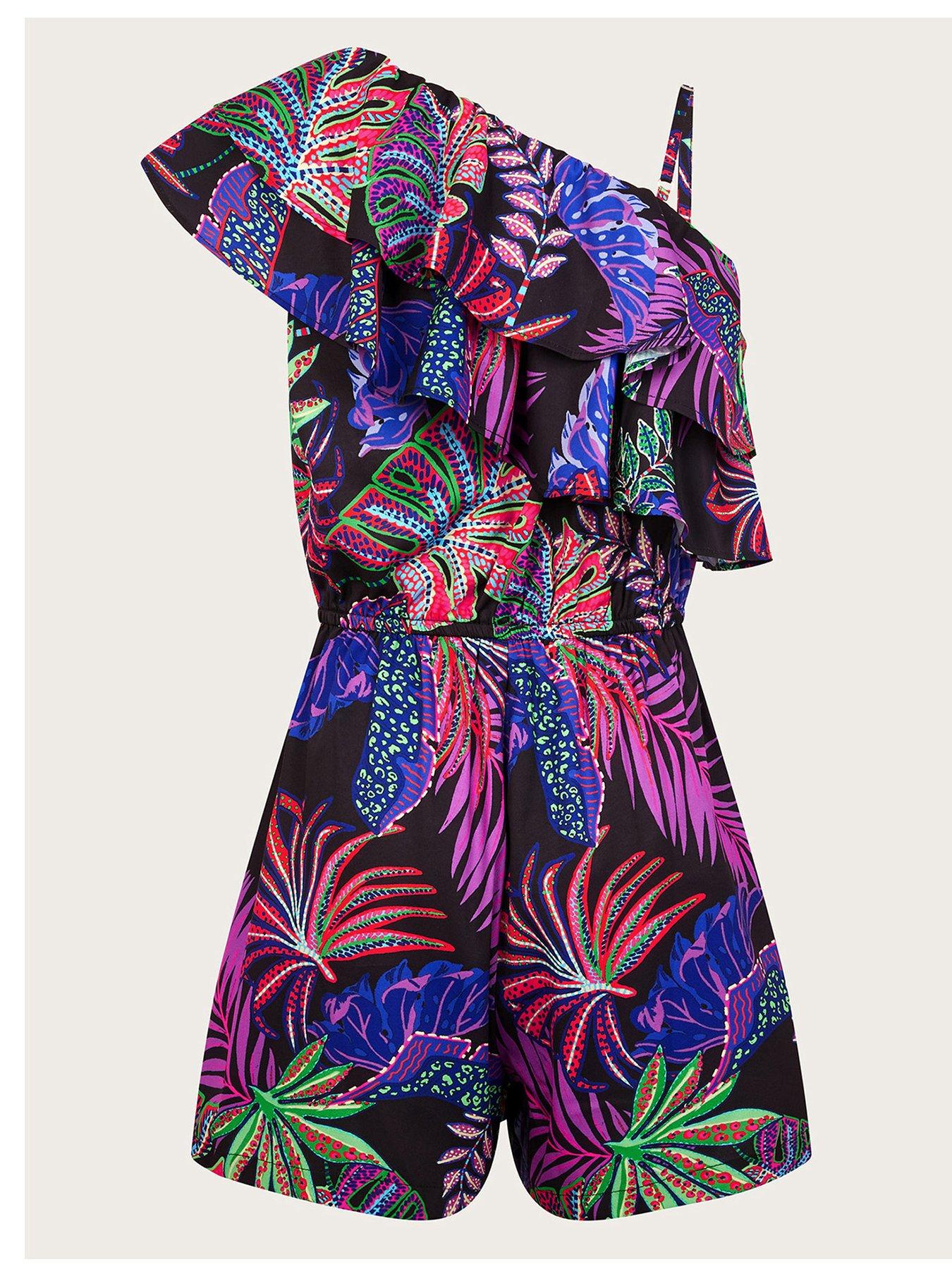  image of monsoon-girls-tropical-print-one-shoulder-playsuit-black