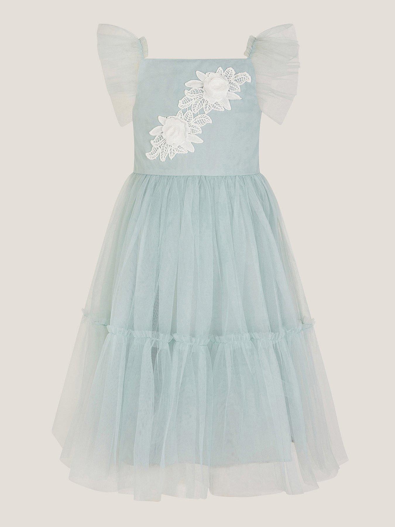 undefined Girls Eva Floral Embroidered Tulle Dress - Light Green