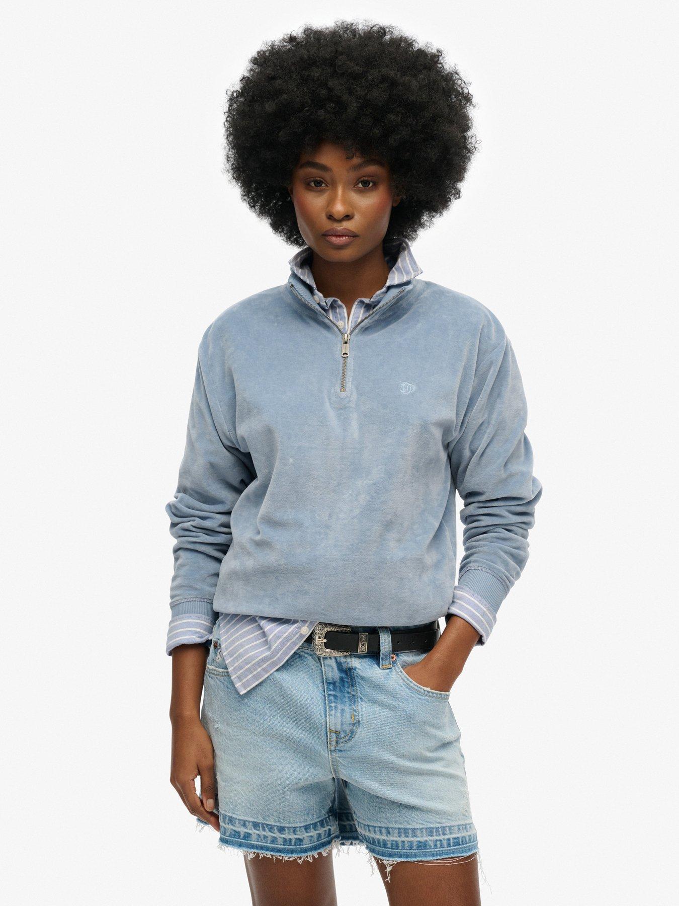 Image 1 of 4 of Superdry Velour Half Zip - Blue