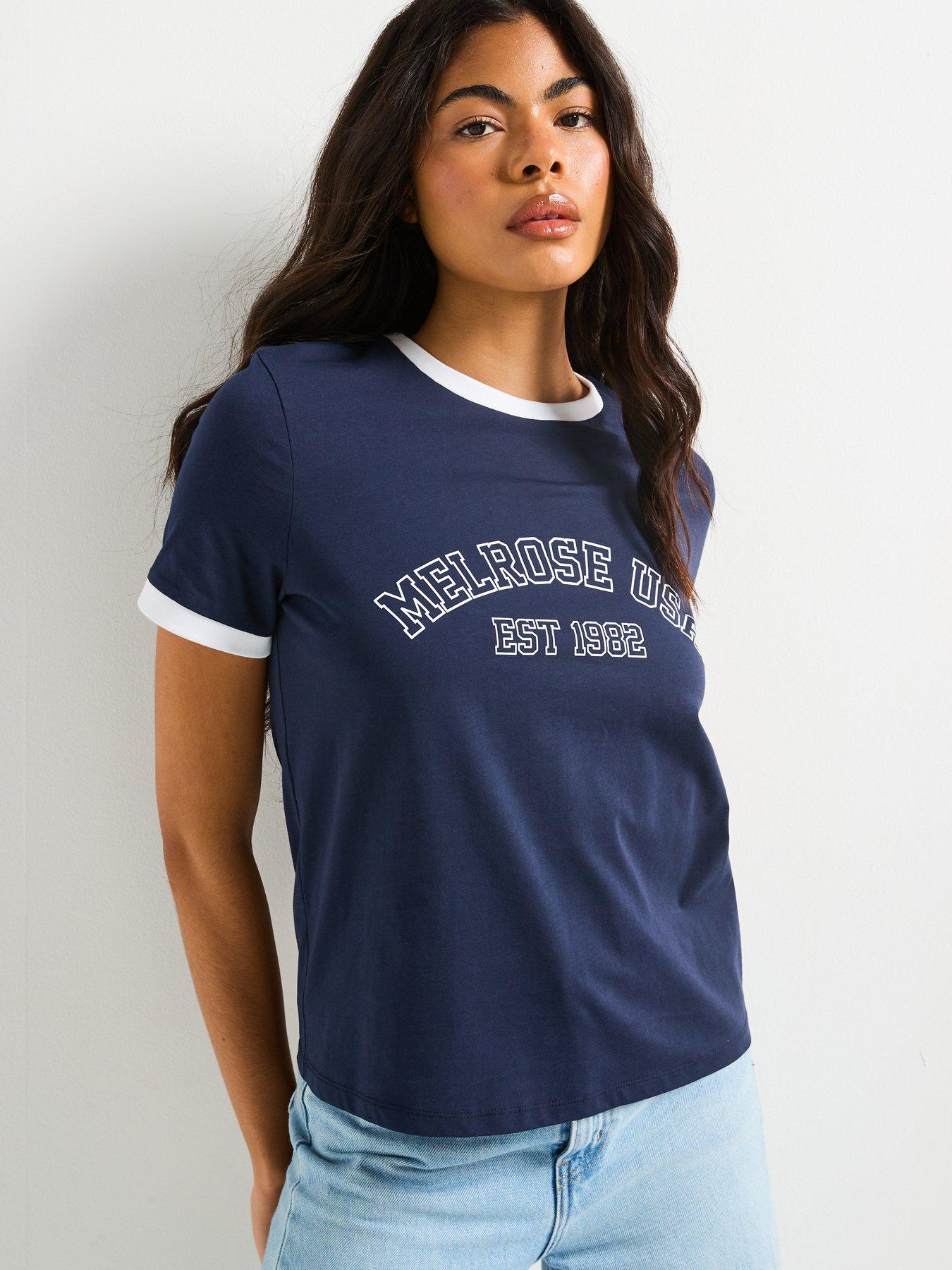  image of v-by-very-melrose-contrast-binding-t-shirt-navy