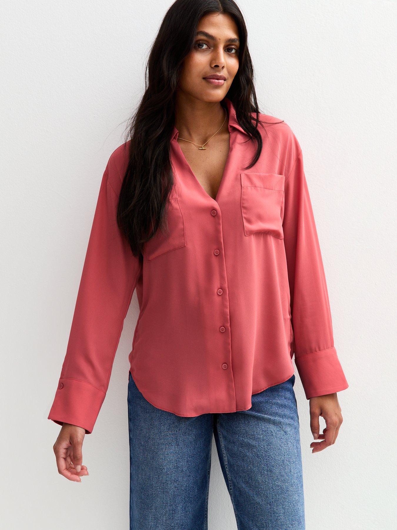  image of new-look-v-neck-curved-hem-shirt-pink