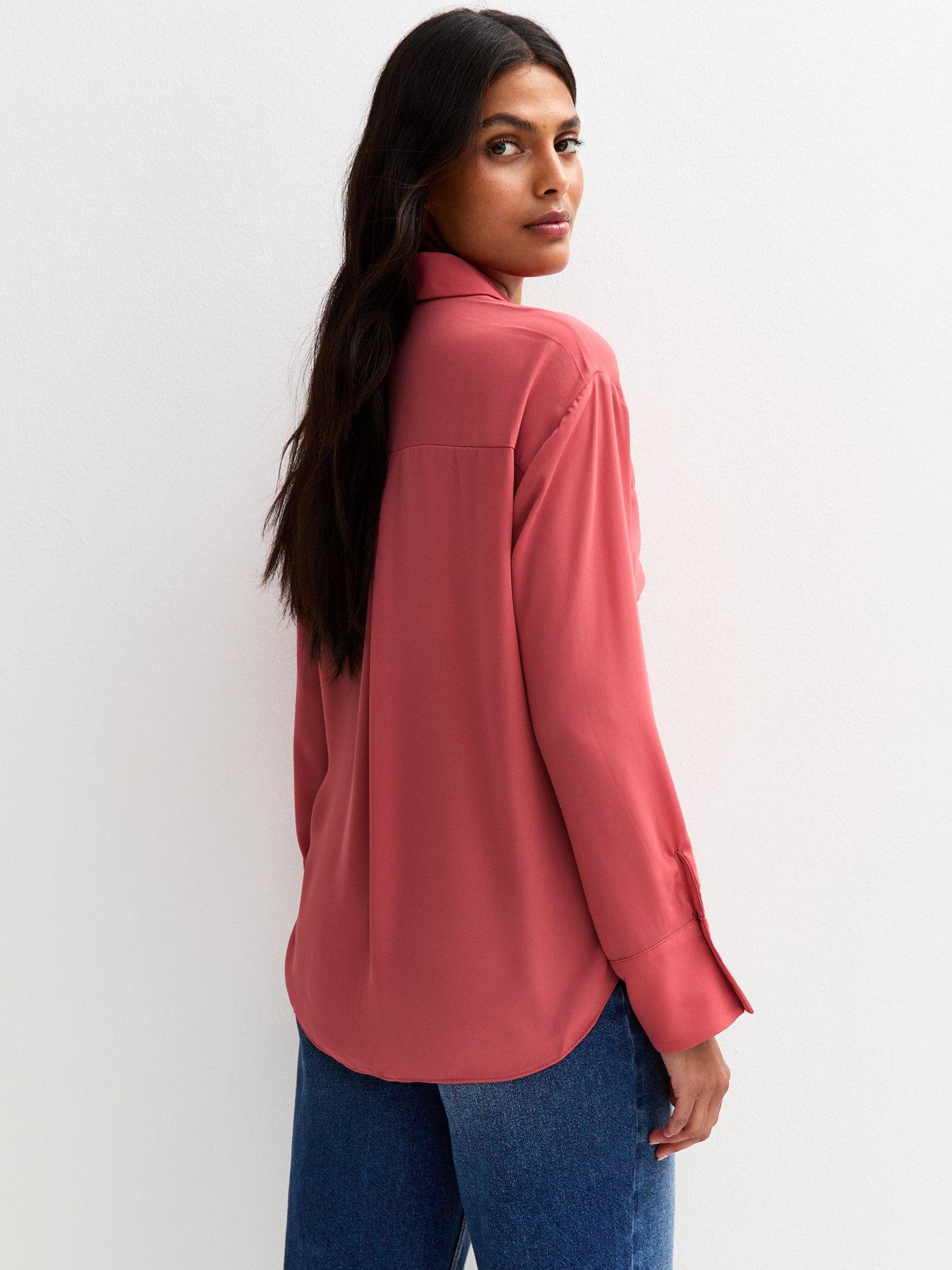  image of new-look-v-neck-curved-hem-shirt-pink