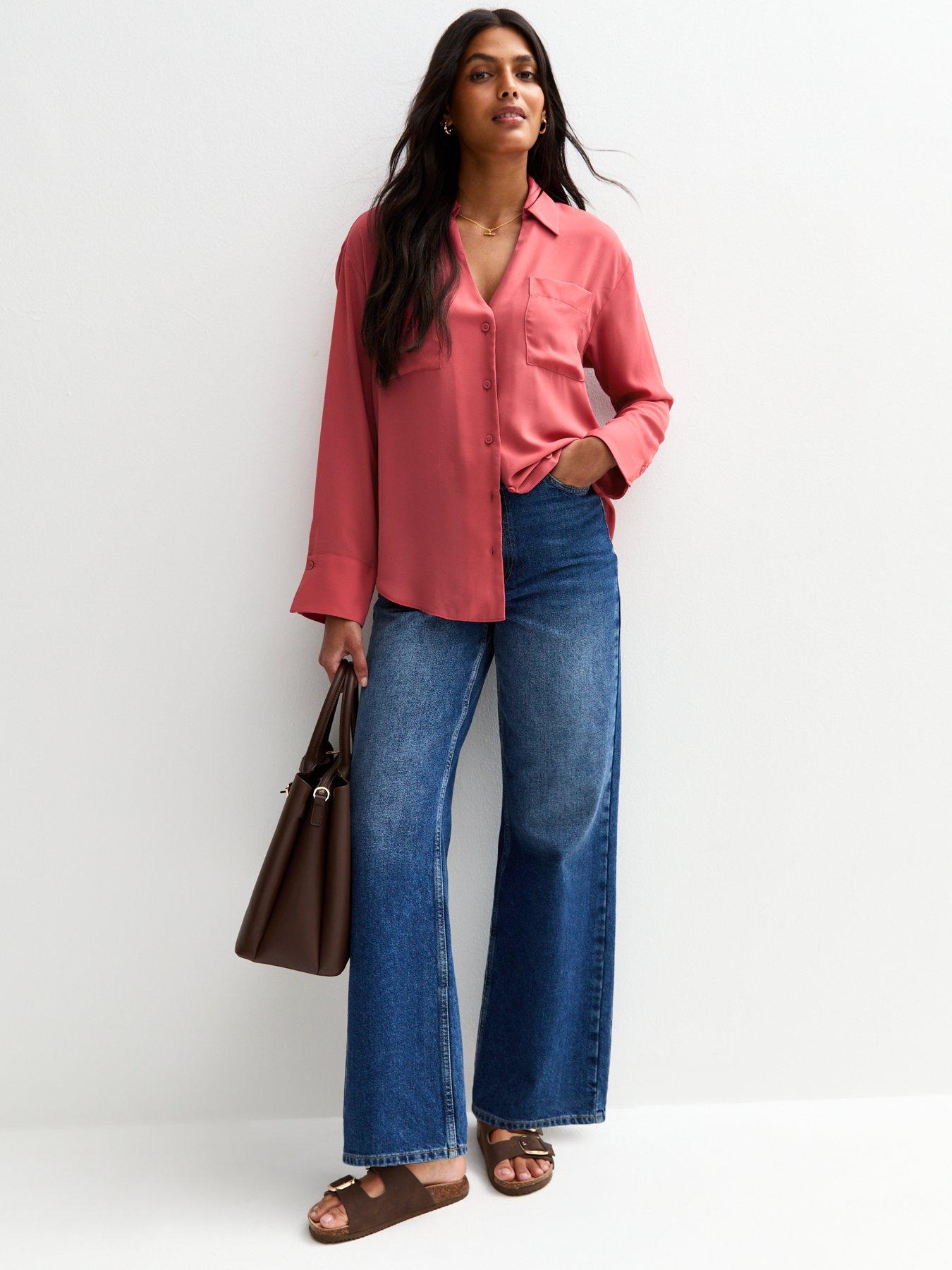  image of new-look-v-neck-curved-hem-shirt-pink