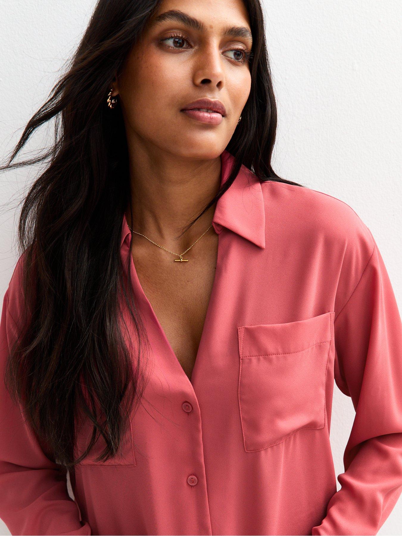  image of new-look-v-neck-curved-hem-shirt-pink