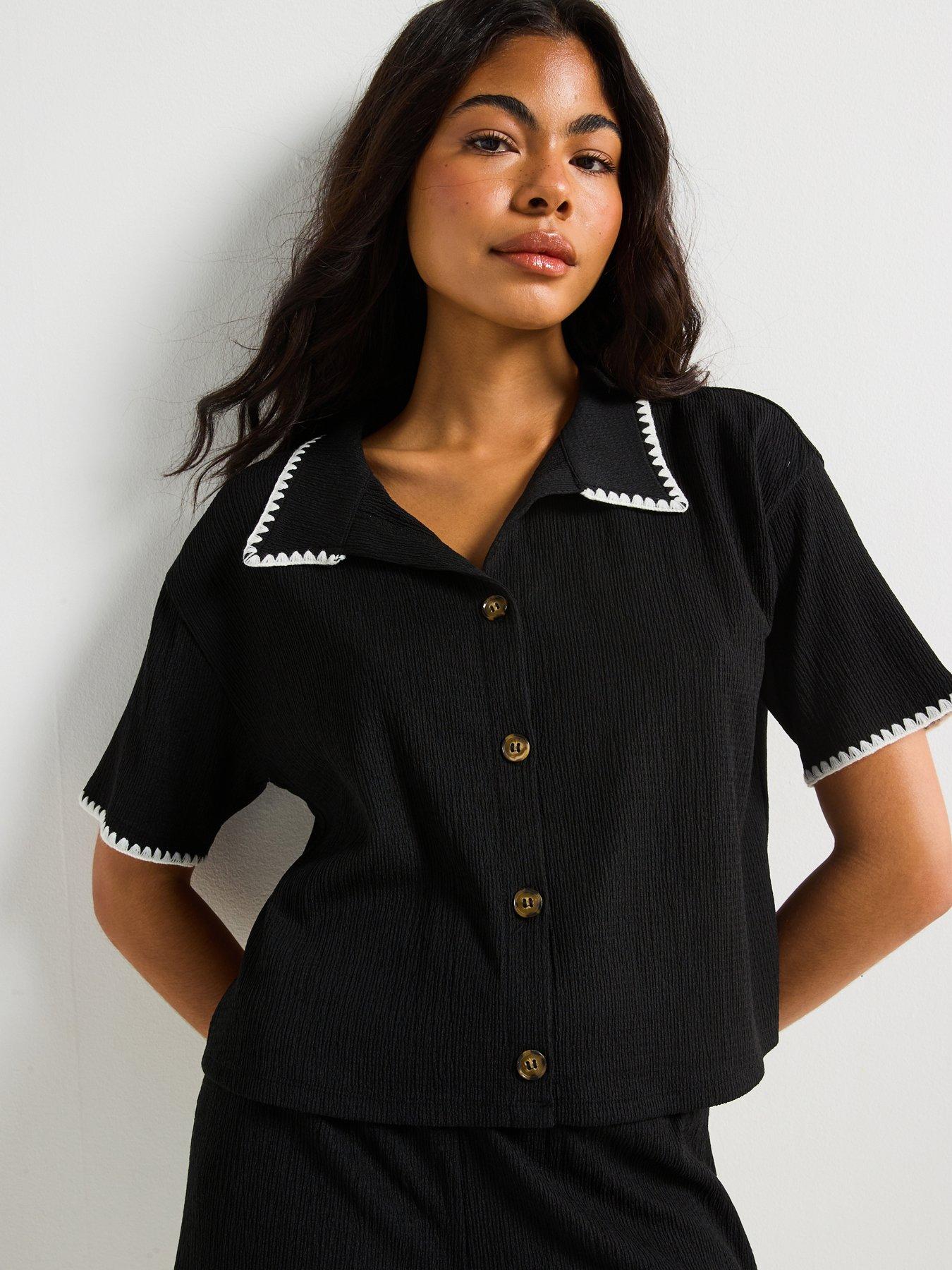 front image of v-by-very-whipstitch-button-up-shirt-co-ord-black