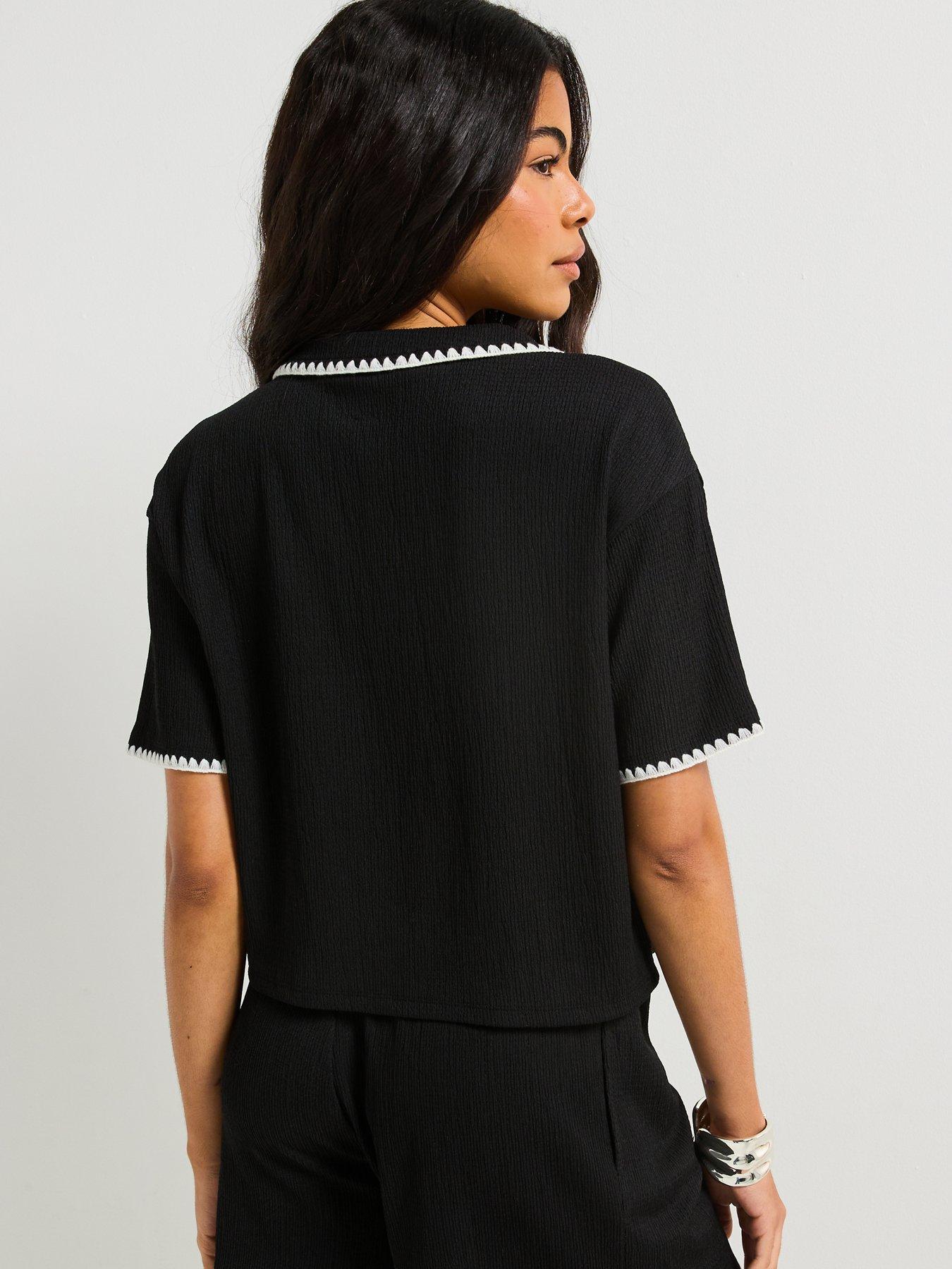 stillFront image of v-by-very-whipstitch-button-up-shirt-co-ord-black