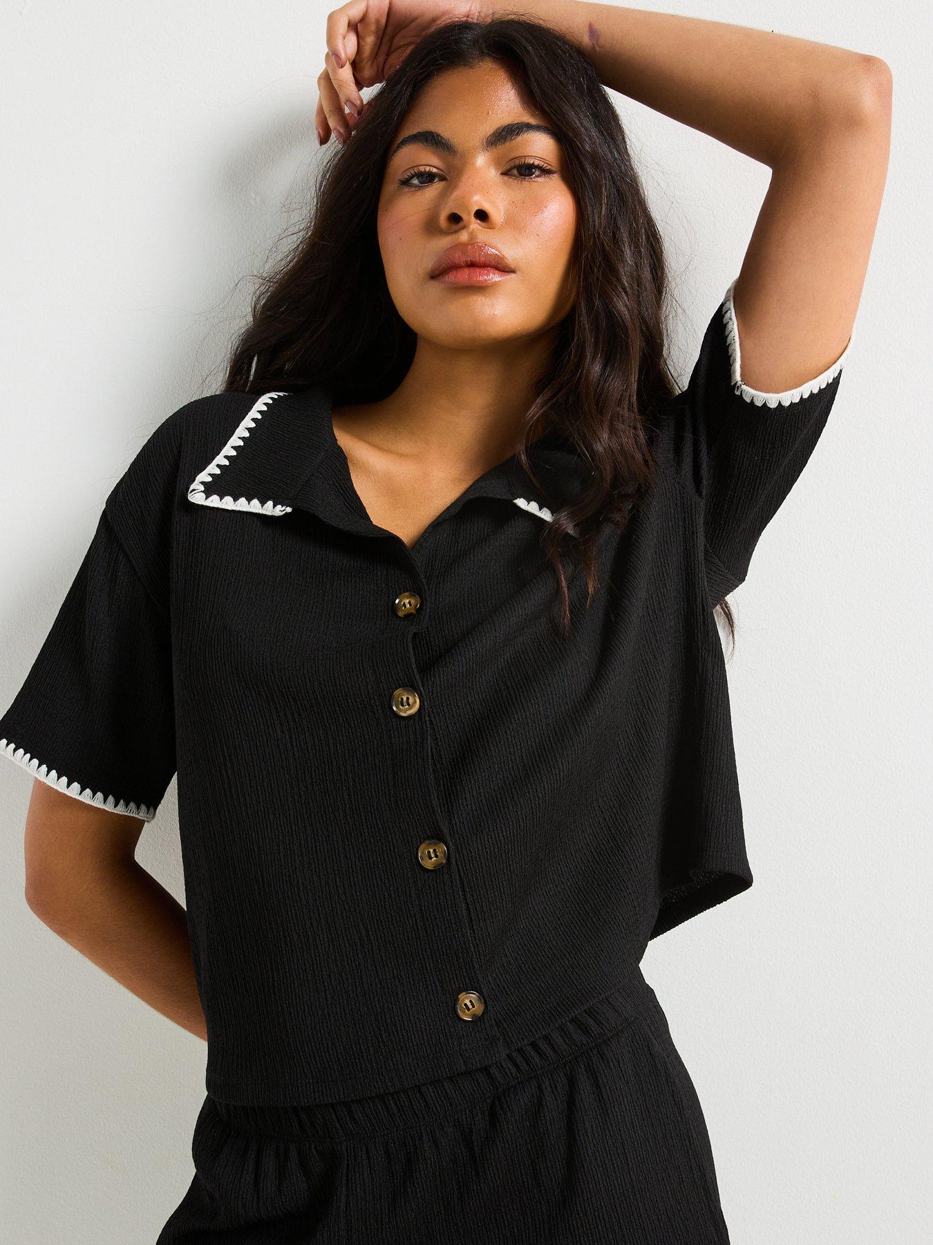  image of v-by-very-whipstitch-button-up-shirt-co-ord-black