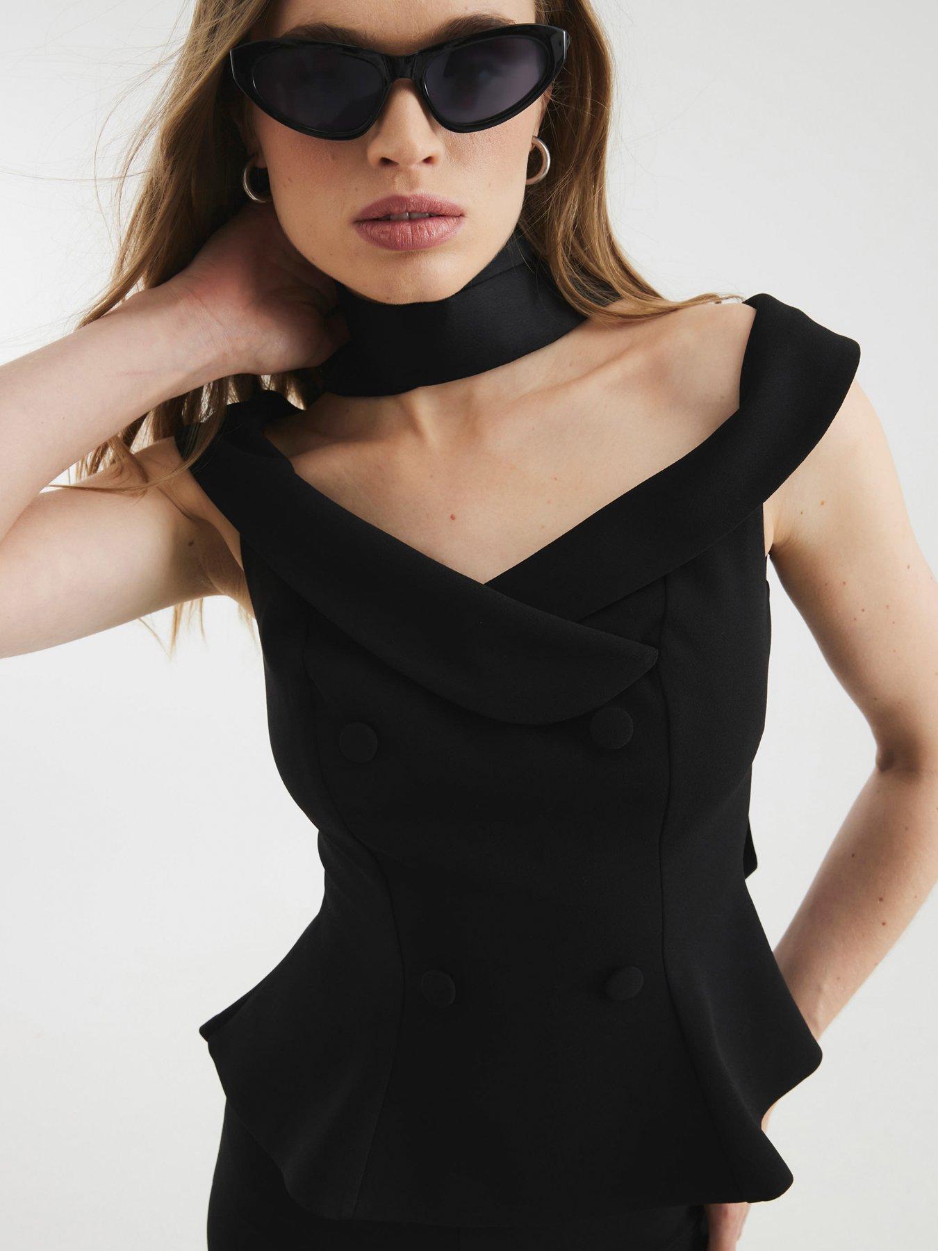 undefined Double Breasted Bardot Top - Black