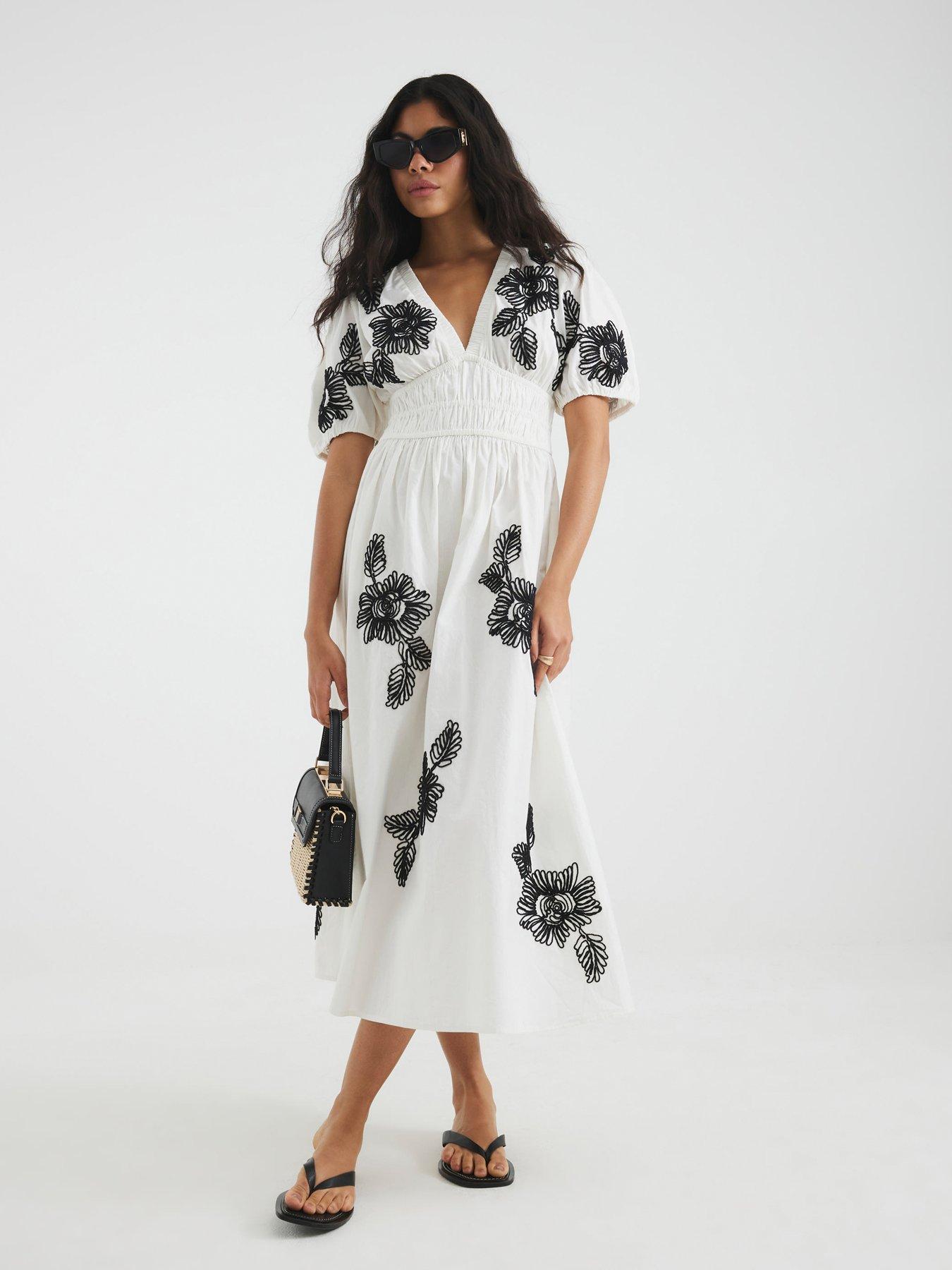 undefined Floral Embroidered Midi Dress - Cream