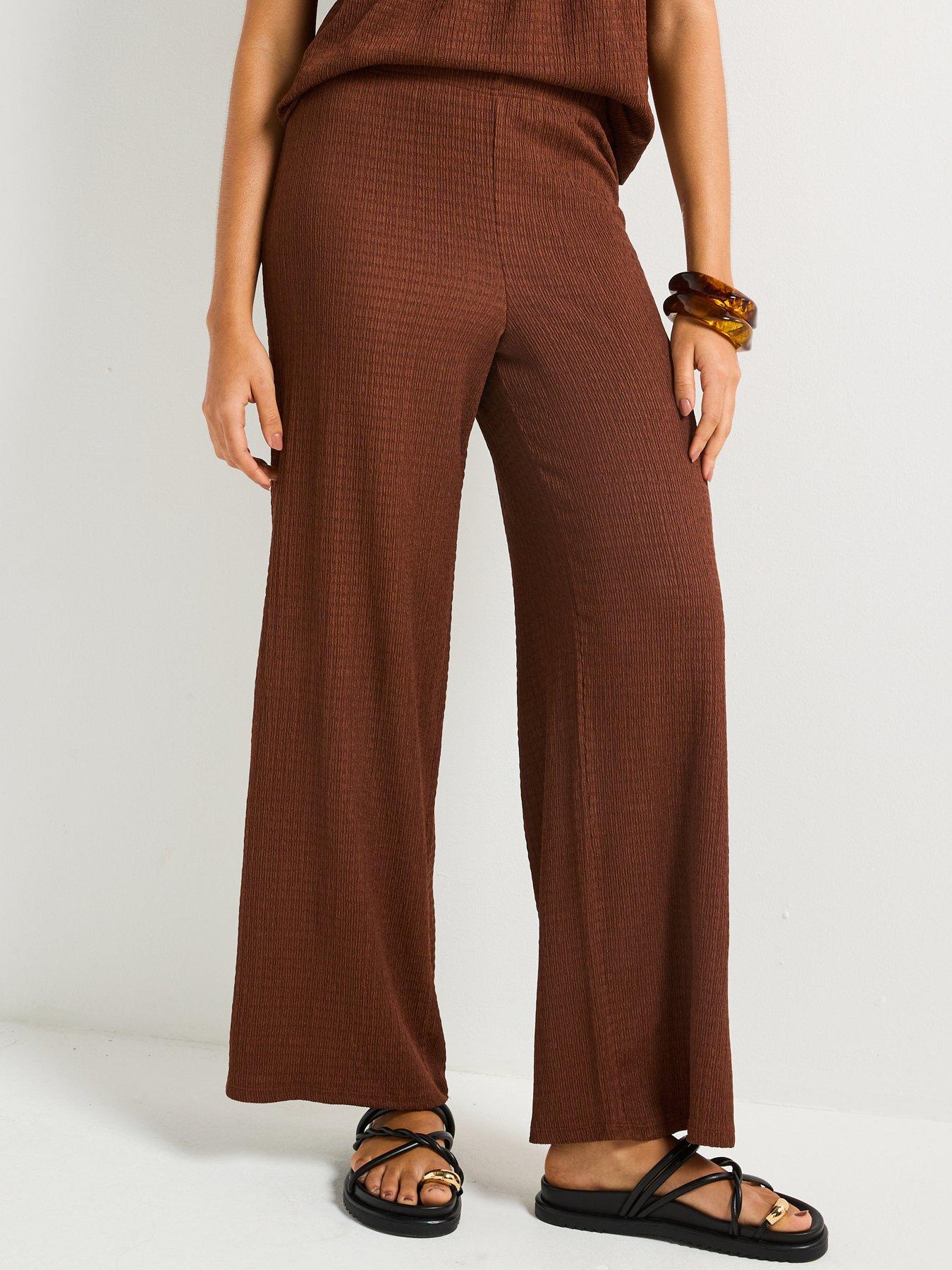 undefined Wide Leg Textured Trouser Co-Ord - Brown