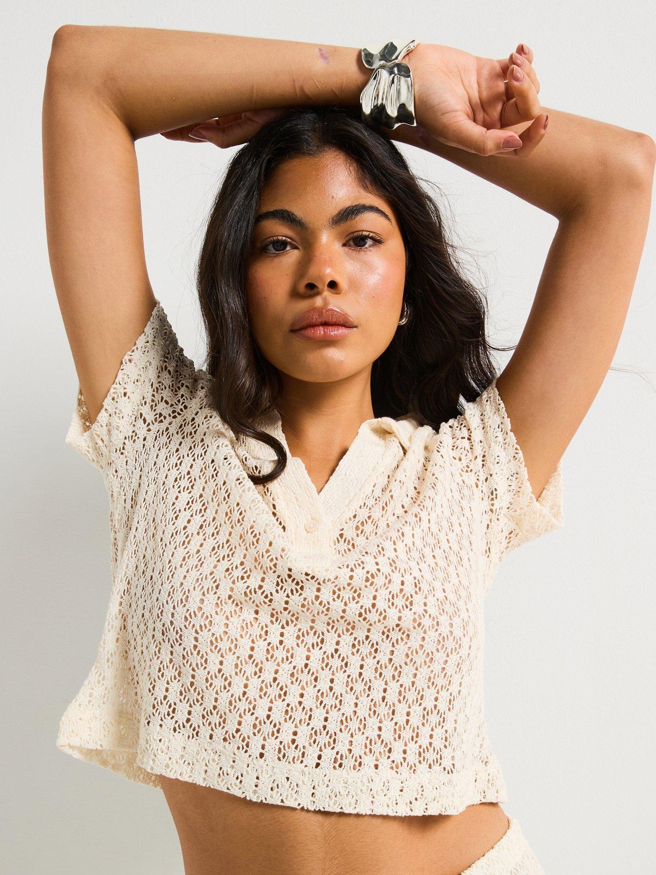  image of v-by-very-crochet-look-neck-co-ord-cream