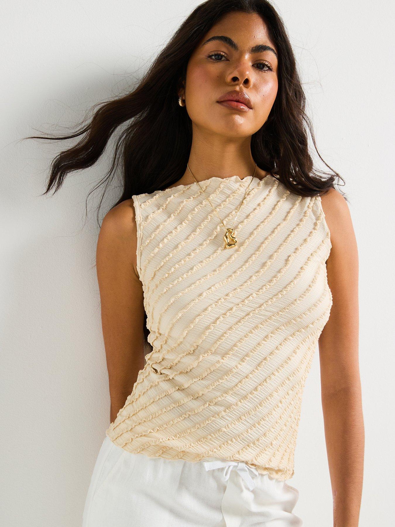 undefined Textured Slash Neck Vest Top - White