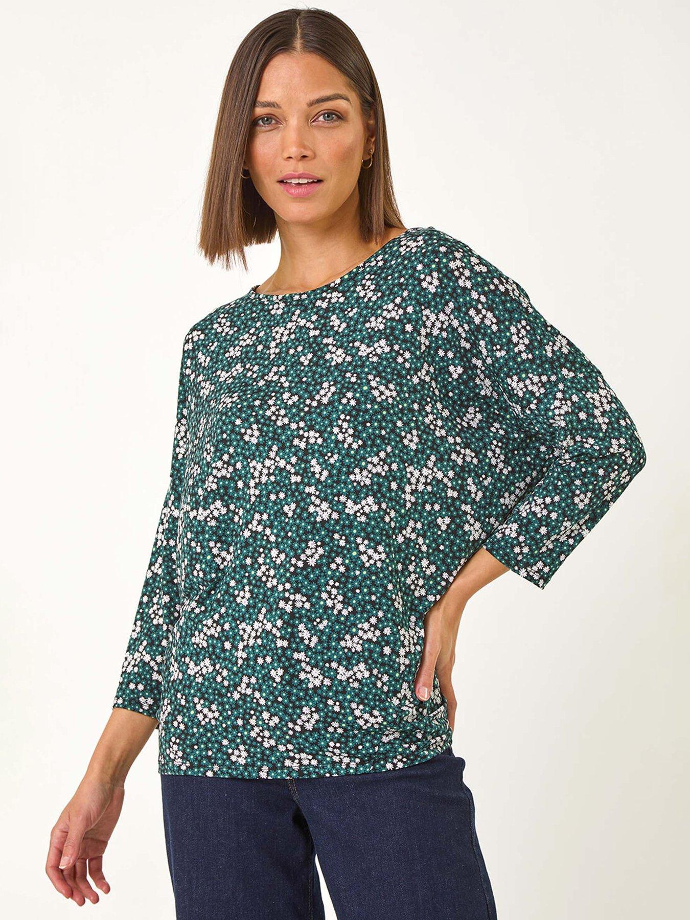 roman-ditsy-floral-print-stretch-top-green