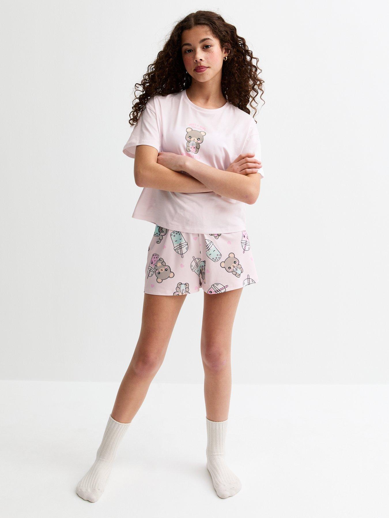 undefined Girls Teddy Bubble Tea Print Pyjama Set - Light Pink