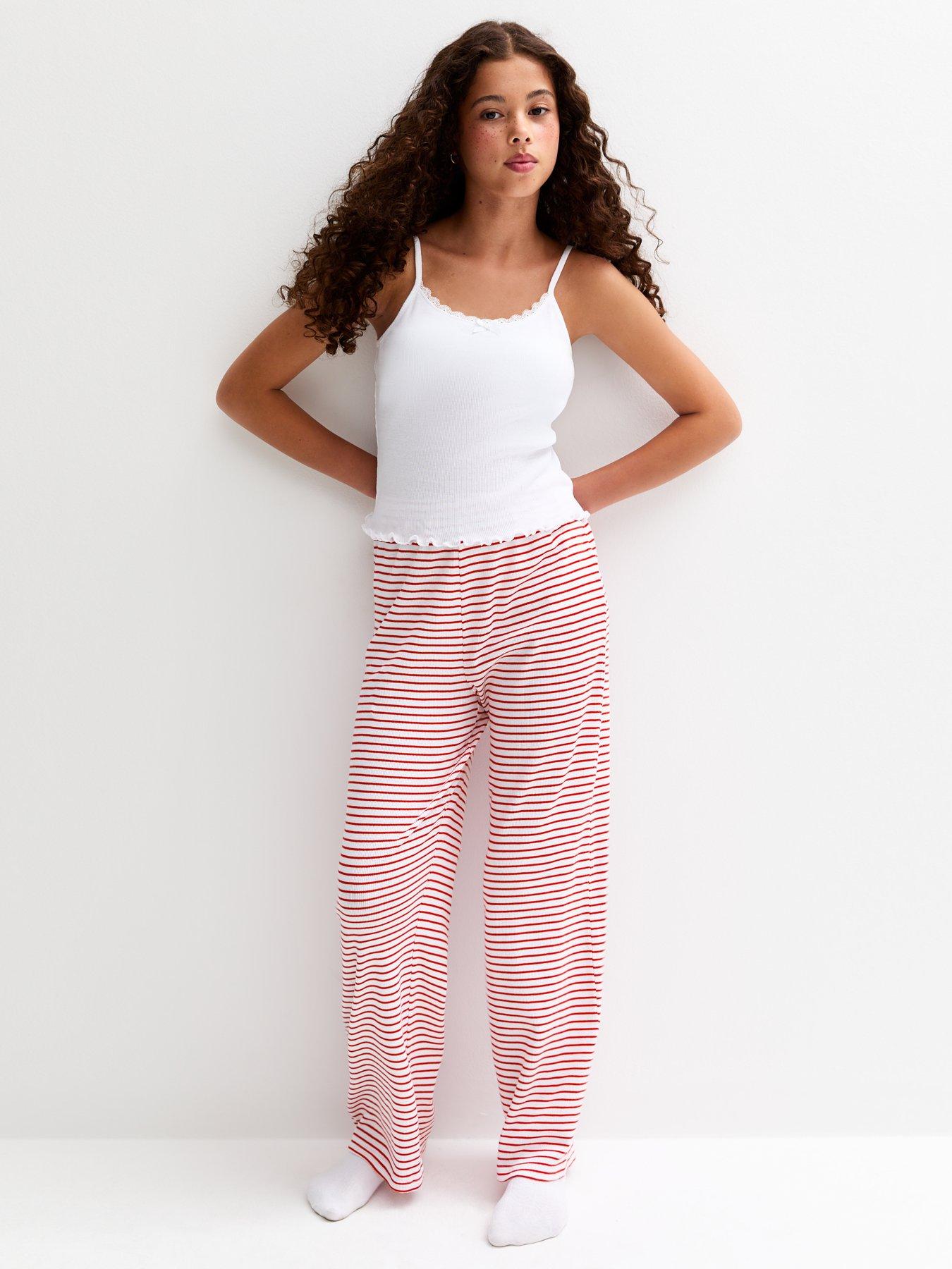 undefined Girls Cami Top And Striped Trousers Pyjama Set - White