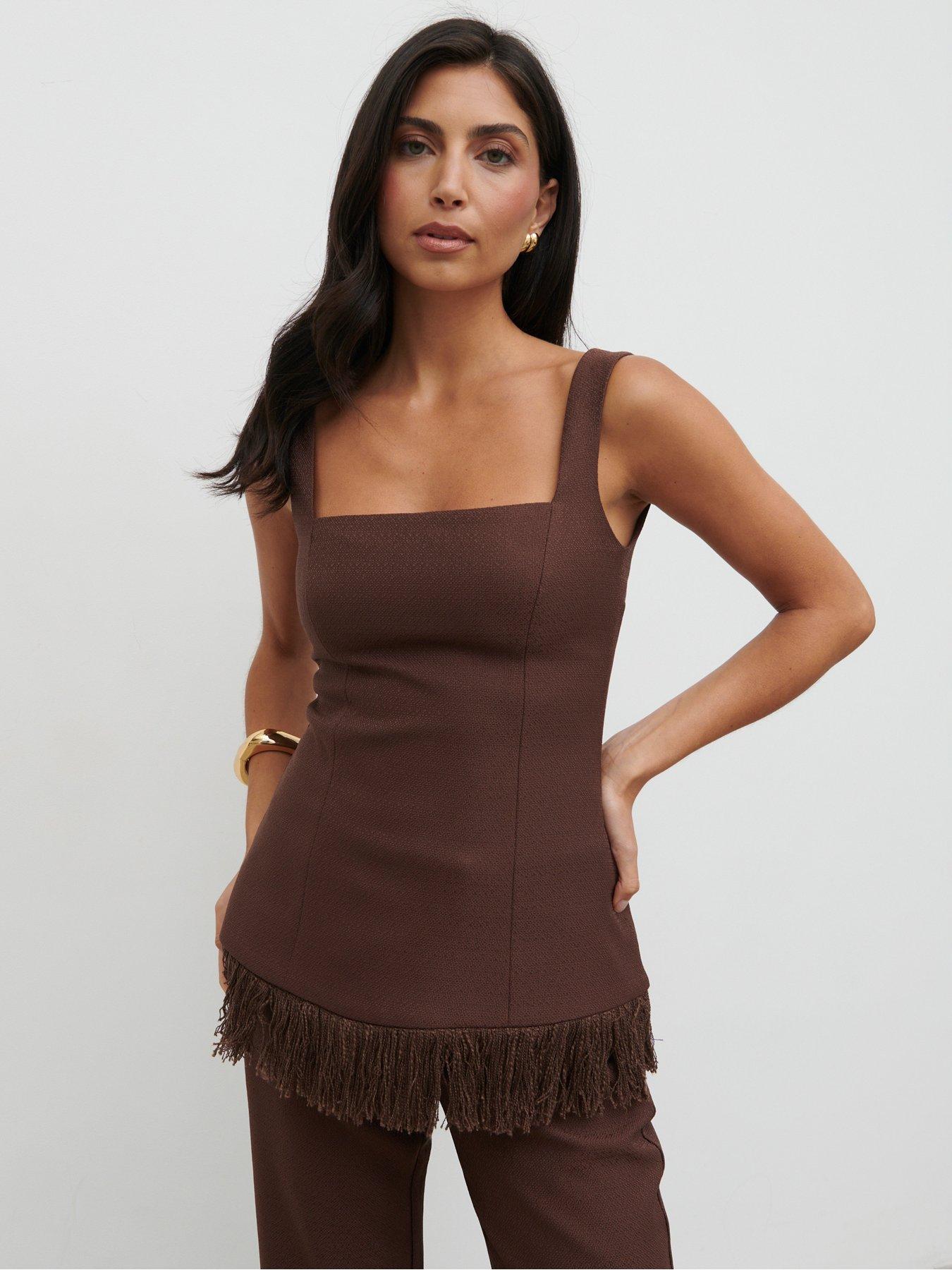 undefined Verona Fringed Tweed Top - Brown