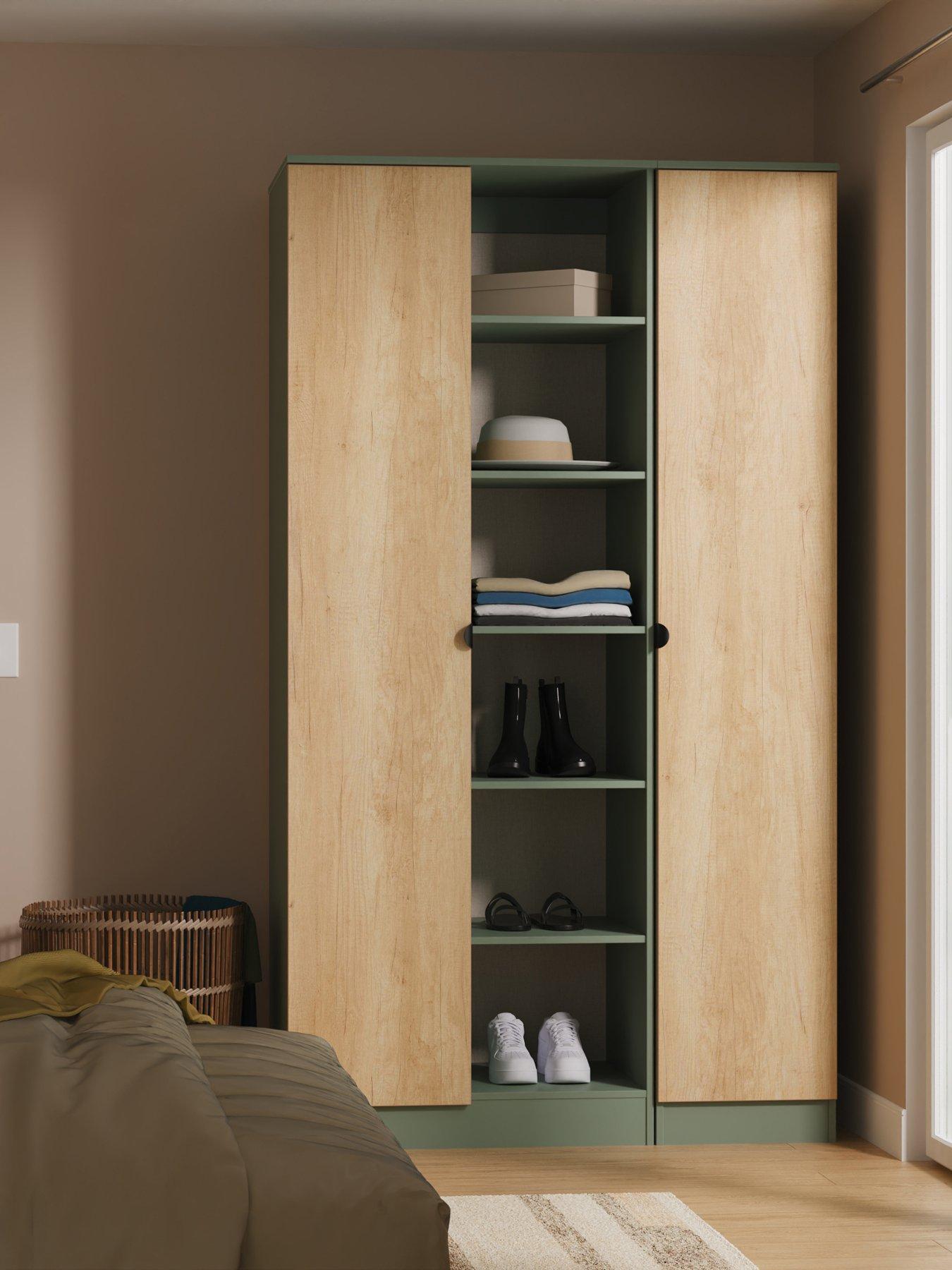 front image of swift-nefelinbspready-assembled-triple-2-door-wardrobe-with-shelving-greenoak