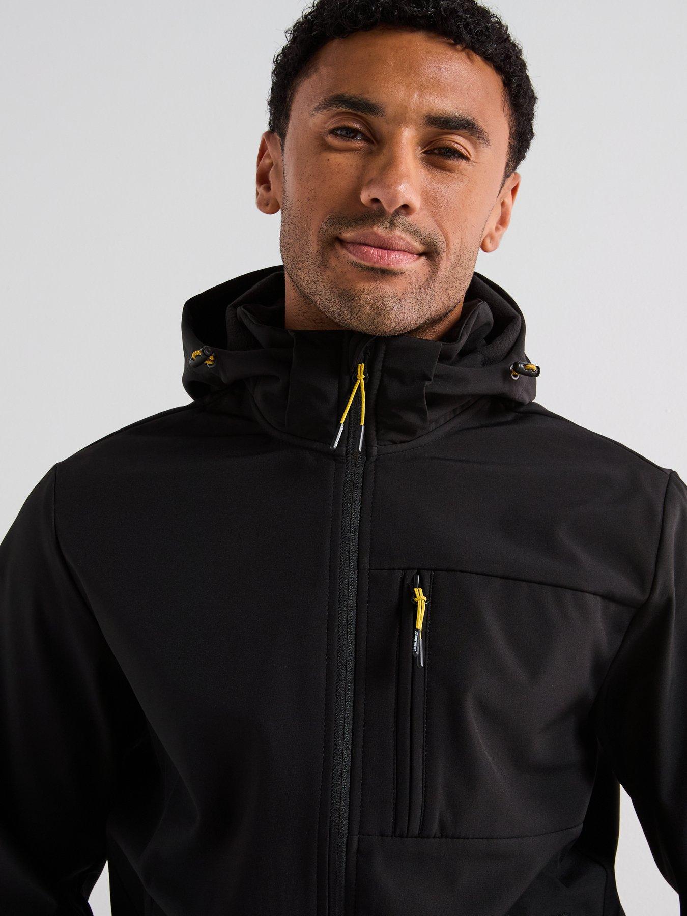  image of jack-jones-hatcher-softshell-hooded-coat-black