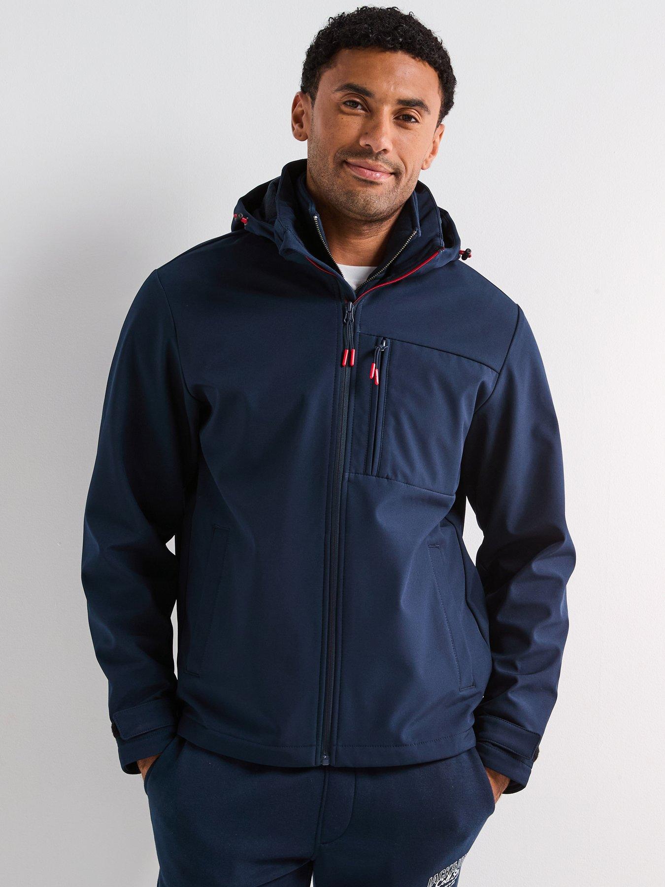 front image of jack-jones-hatcher-softshell-hooded-coat-navy