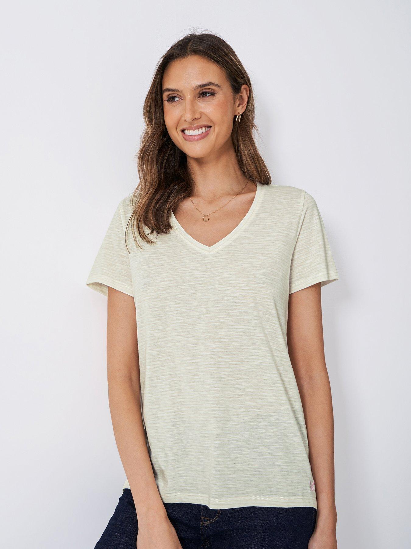 undefined Stripe V Neck Slub Tee - Beige