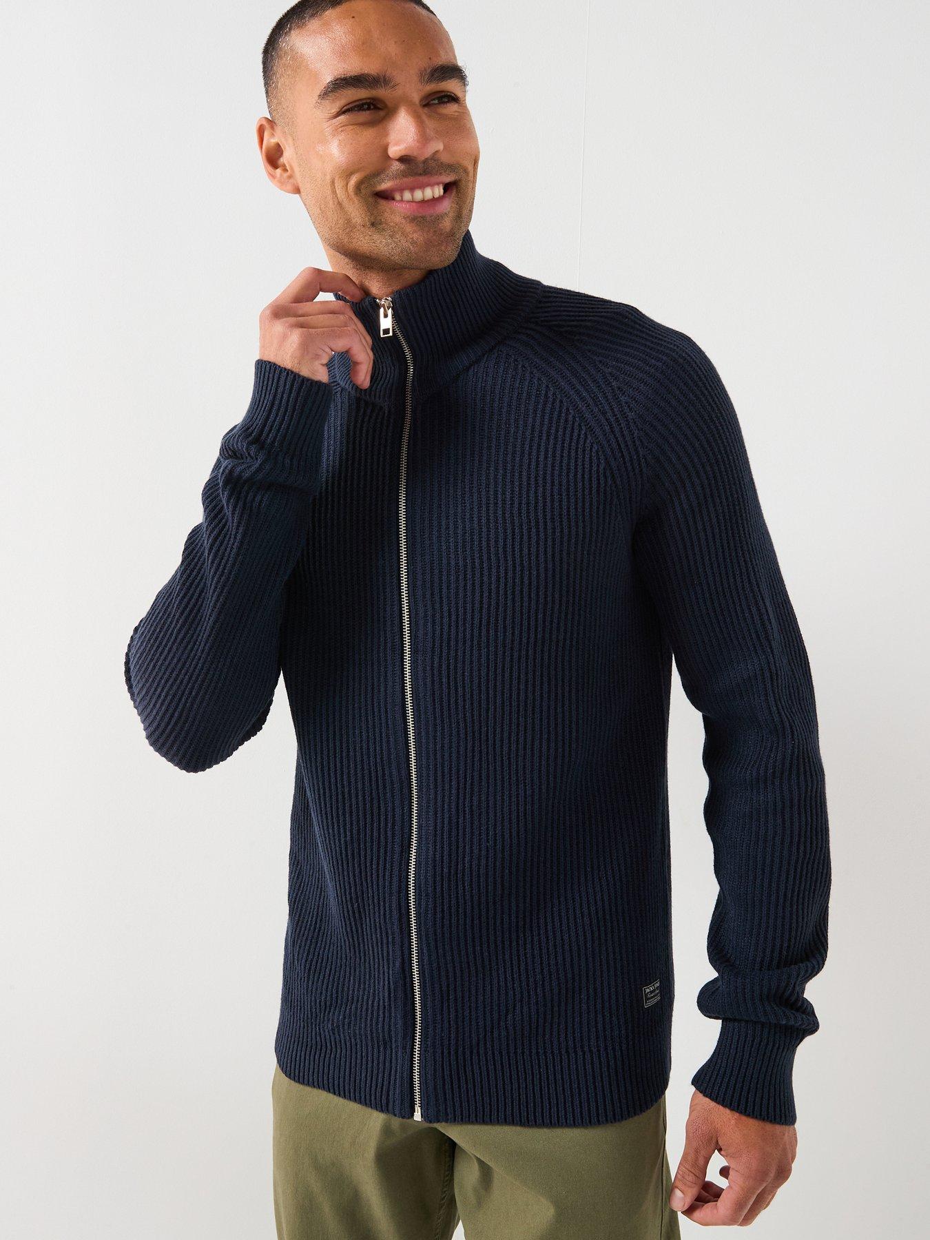 front image of jack-jones-panel-zip-through-knitted-cardigan-navy