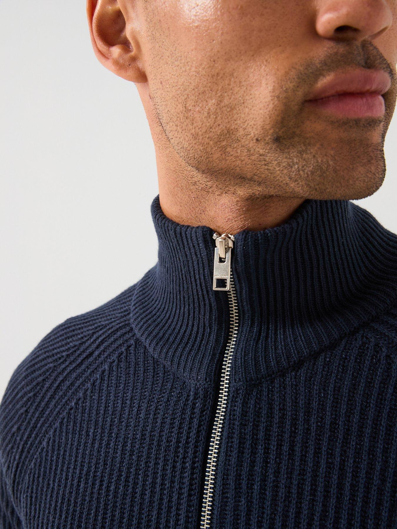  image of jack-jones-panel-zip-through-knitted-cardigan-navy