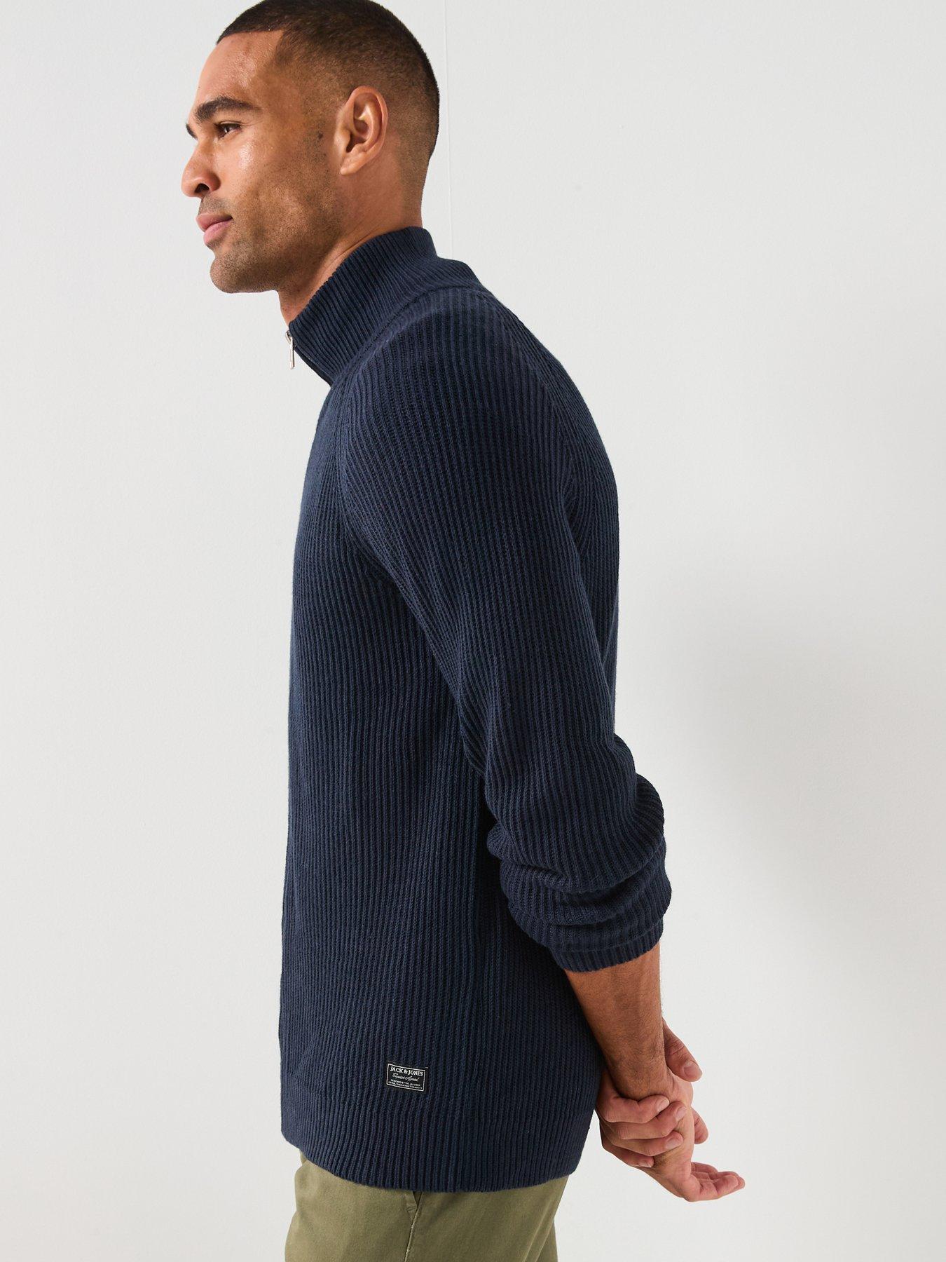  image of jack-jones-panel-zip-through-knitted-cardigan-navy