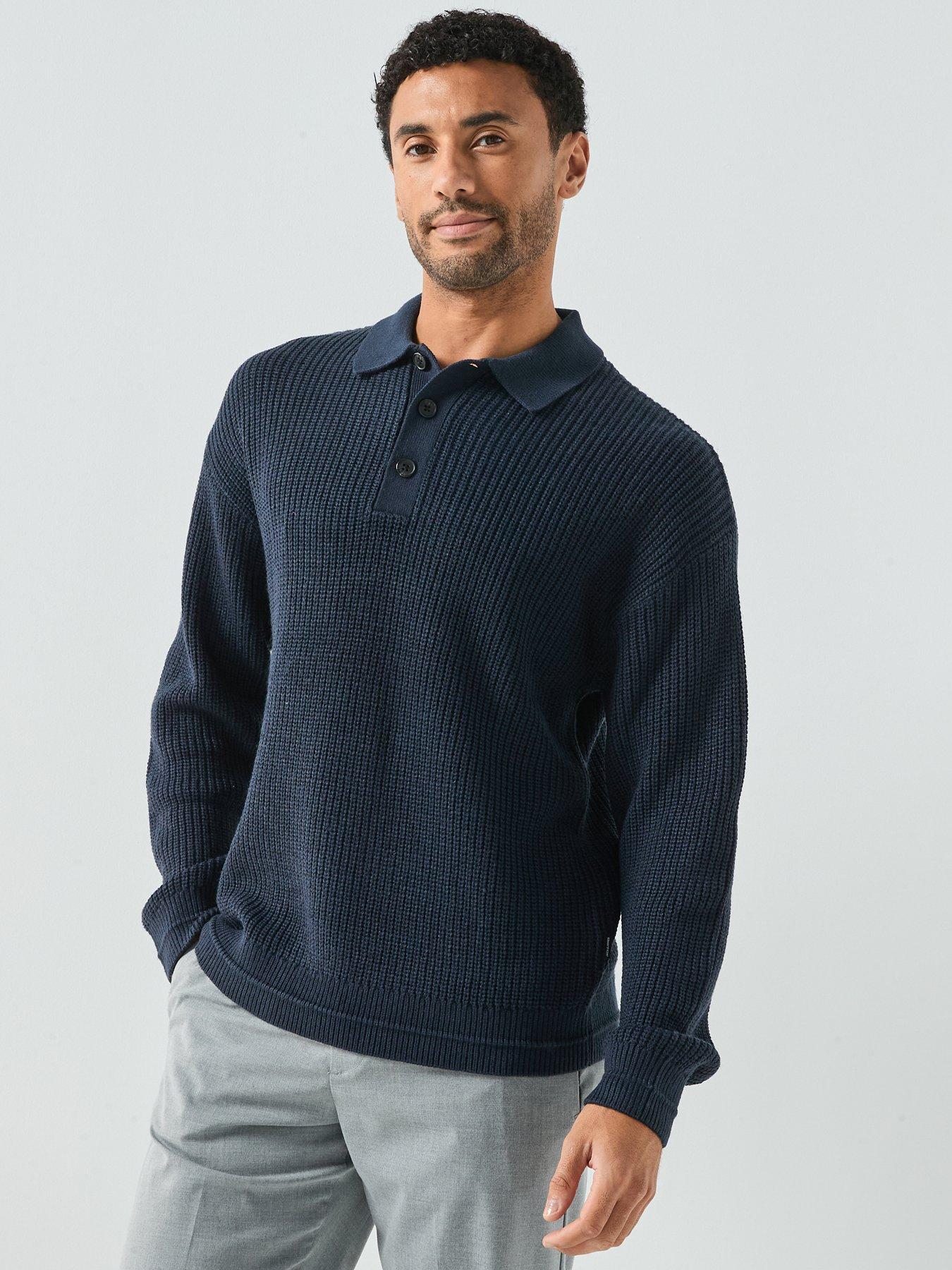 Image 1 of 6 of Jack & Jones Kaito Button Collar Knitted Jumper - Navy
