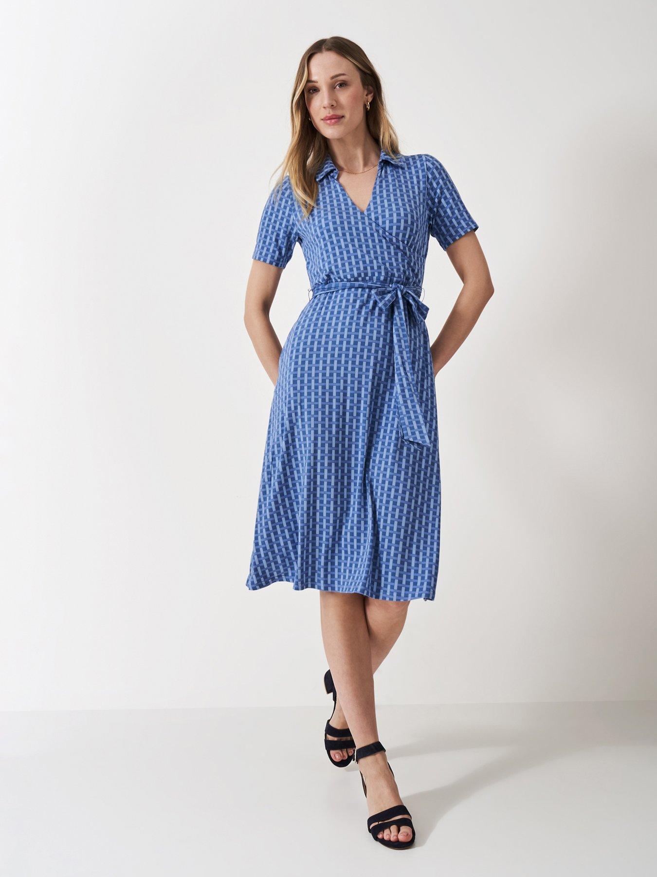 front image of crew-clothing-dani-wrap-front-dress-blue