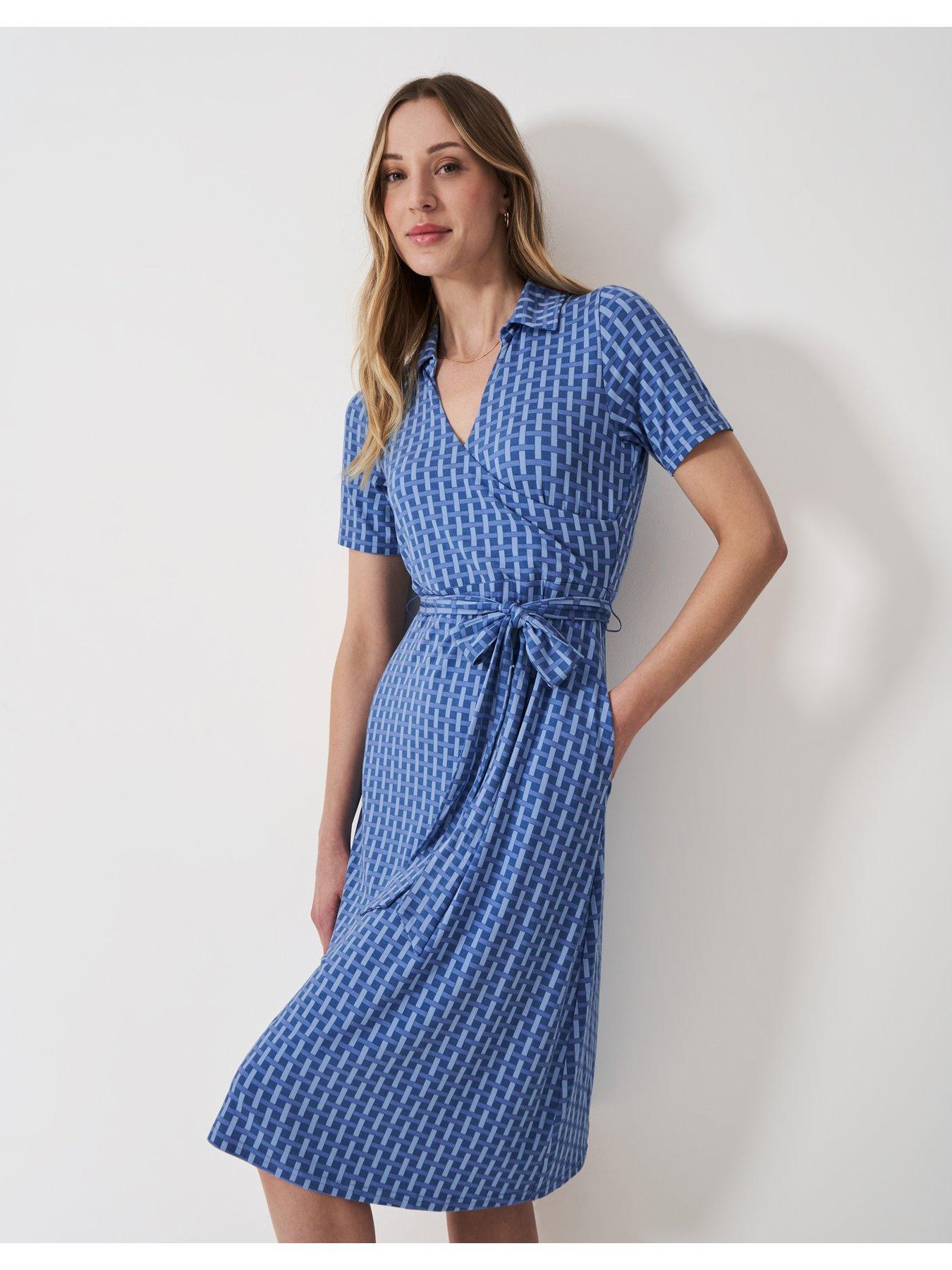  image of crew-clothing-dani-wrap-front-dress-blue
