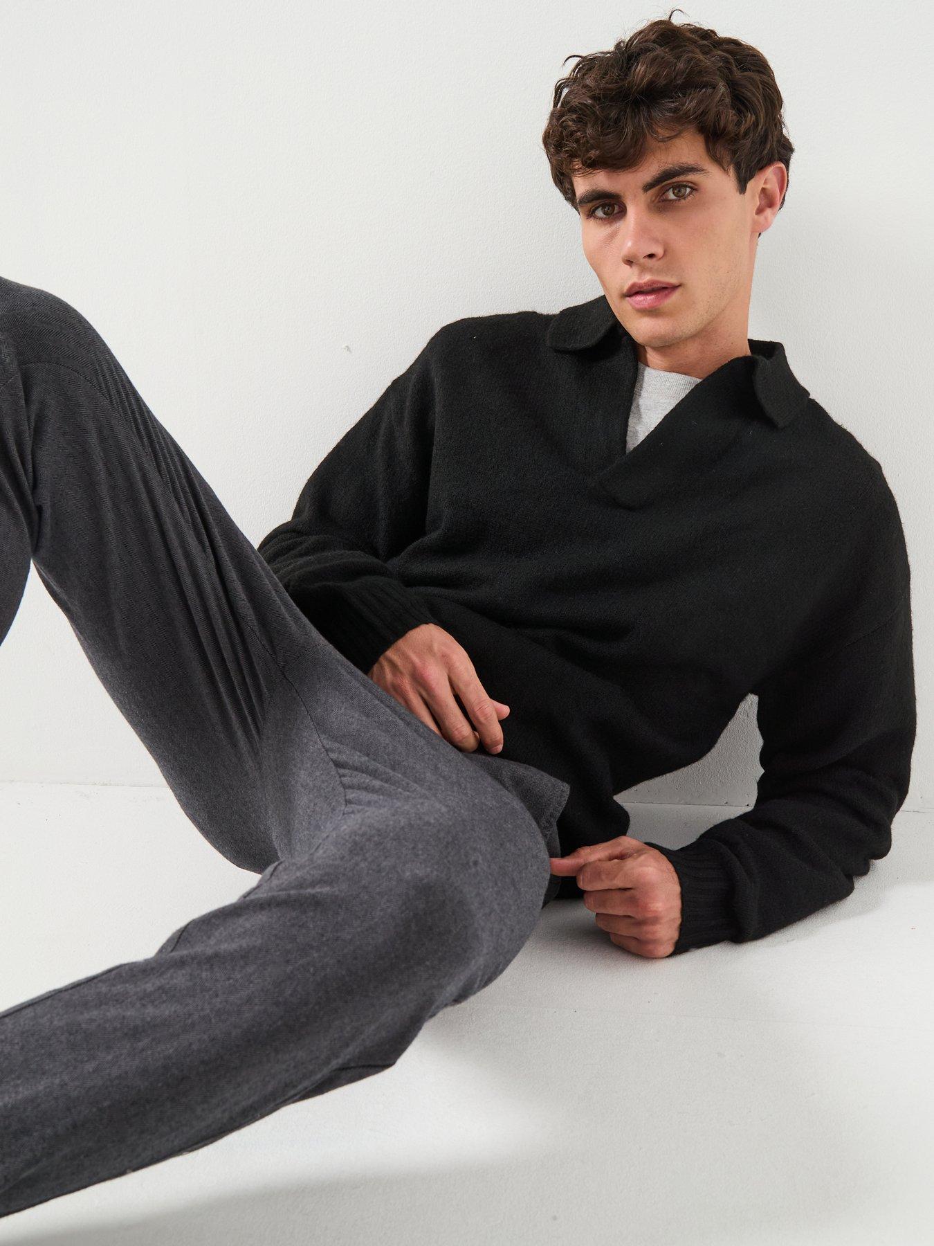  image of jack-jones-ollie-open-collar-knitted-jumper-black