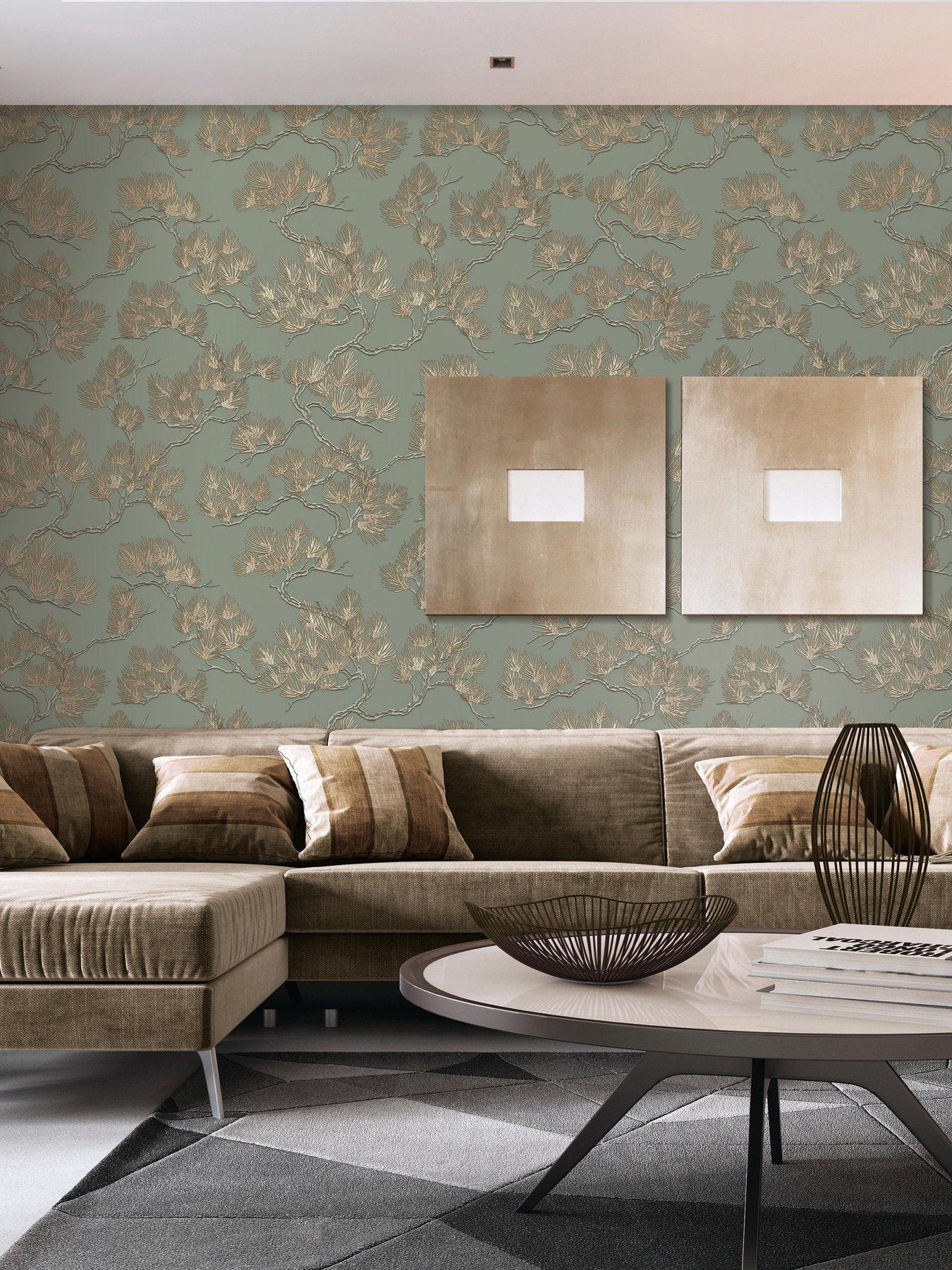 undefined Wall Fabric Pine Tree Wallpaper - Sage/gold