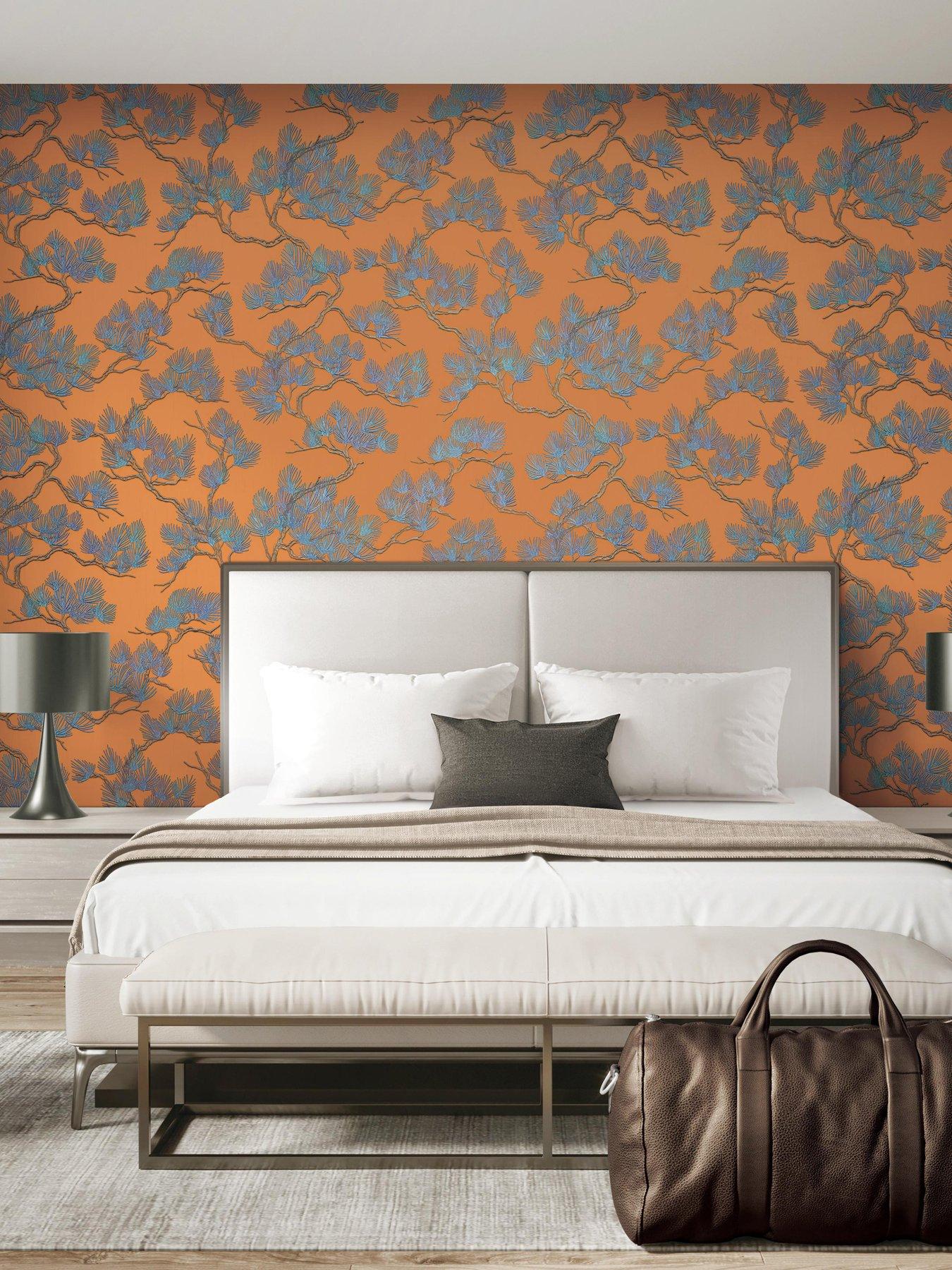 undefined Wall Fabric Pine Tree Wallpaper - Orange/blue