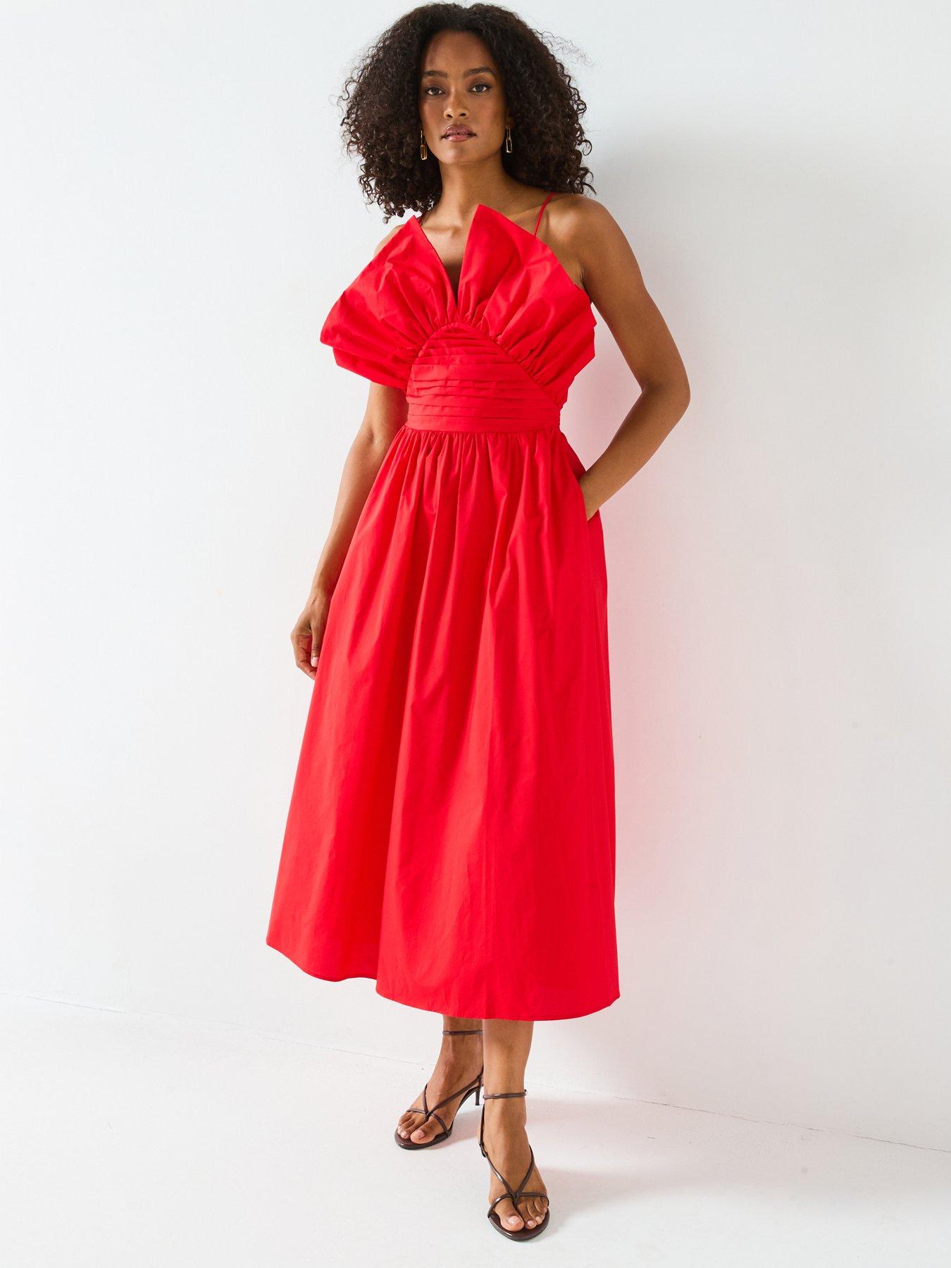 front image of mei-meij-unique-bodice-midi-dress--goji-berry-red