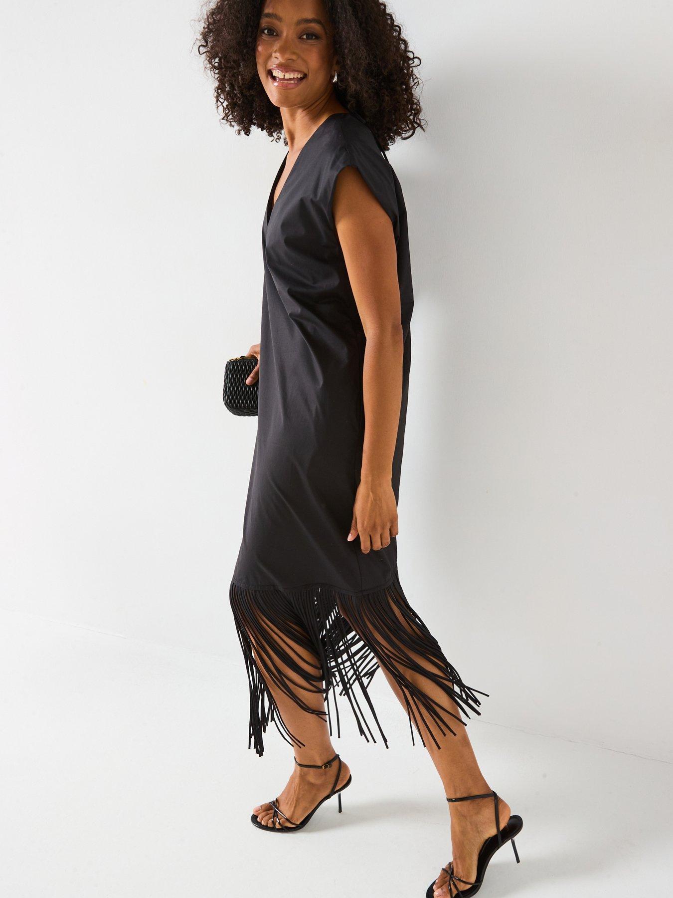 Image 4 of 6 of Mei Meij Fringed Midi Dress- Black
