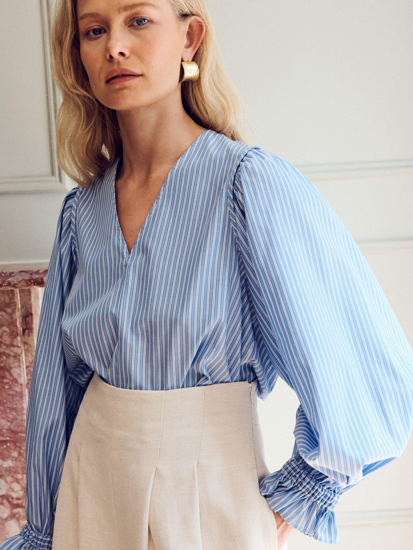 vivere-remi-v-neck-gathered-cuff-shirt-blue