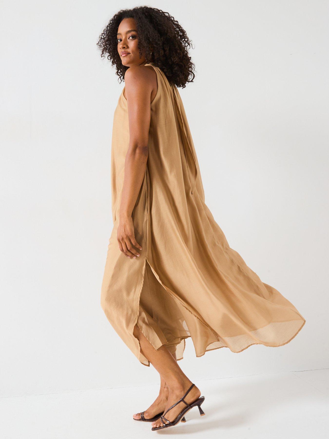 Image 6 of 6 of Mei Meij Curled Halter Neck Maxi Dress- Camel