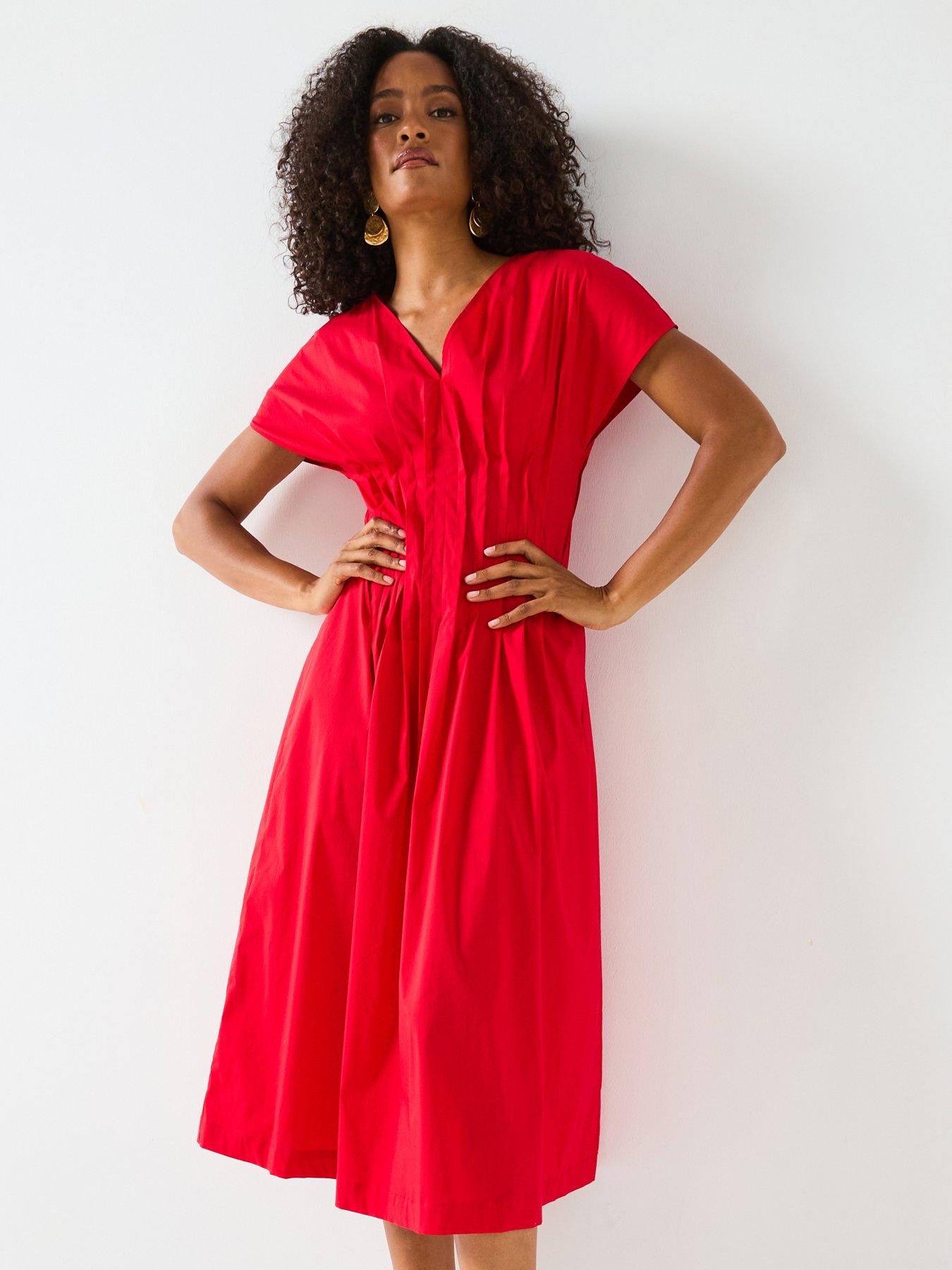 mei-meij-v-neckline-pleated-midi-dress-red