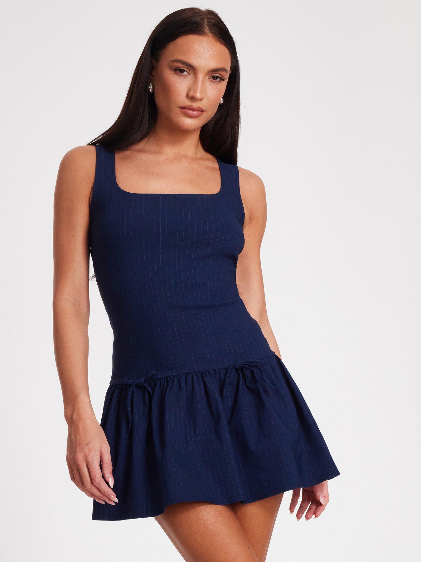 undefined Navy Pinstripe Pleated Mini Dress