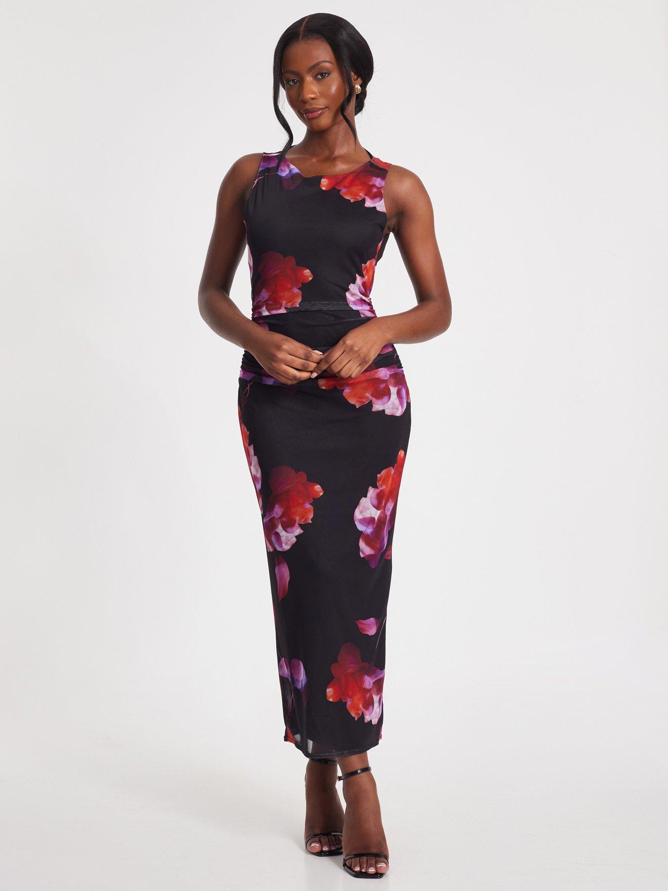undefined Black Mesh Floral Midaxi Dress