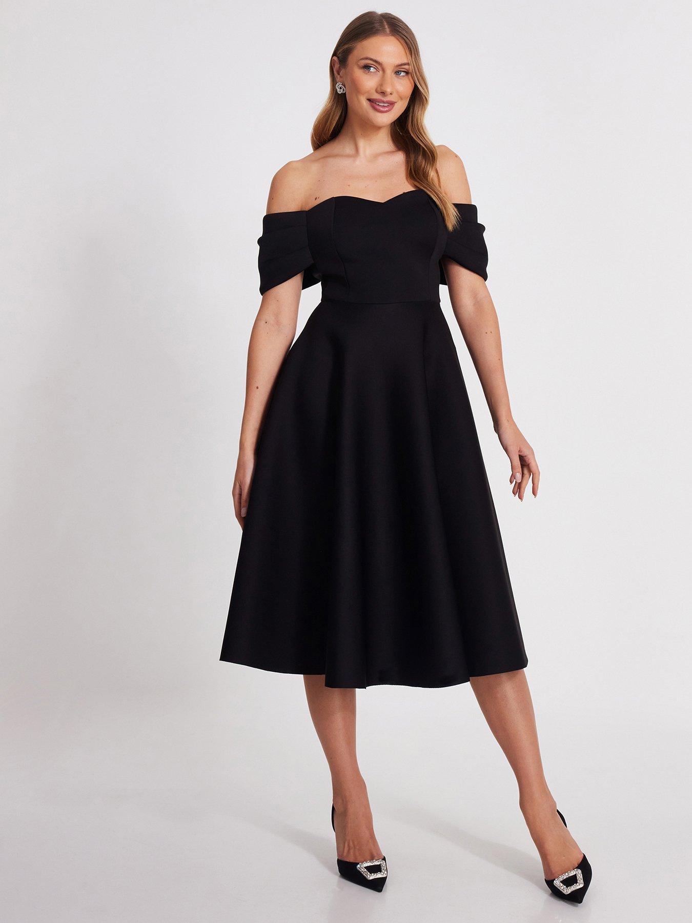 undefined Black Bardot Midi Skater Dress