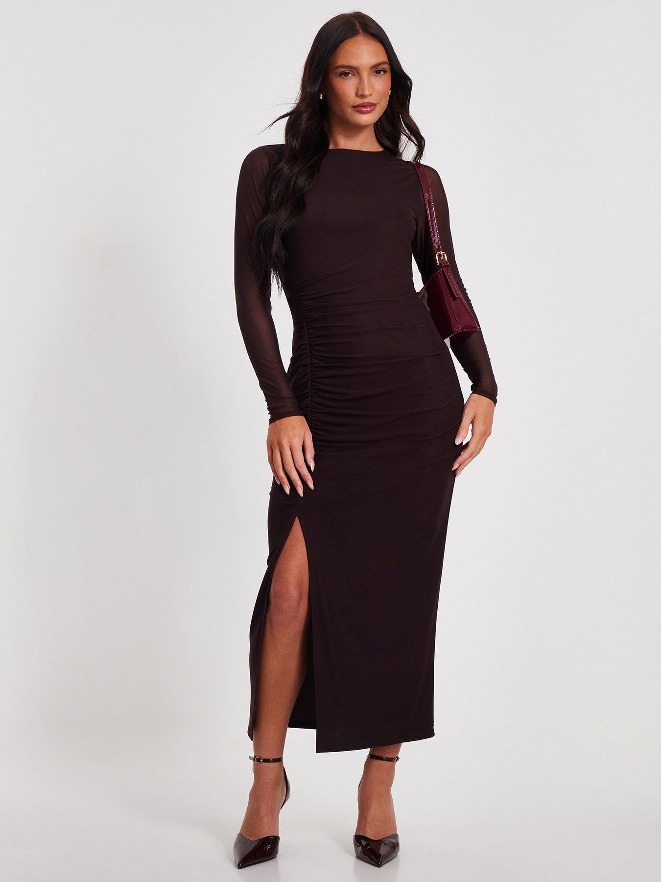 undefined Brown Mesh Long Sleeve Midaxi Dress