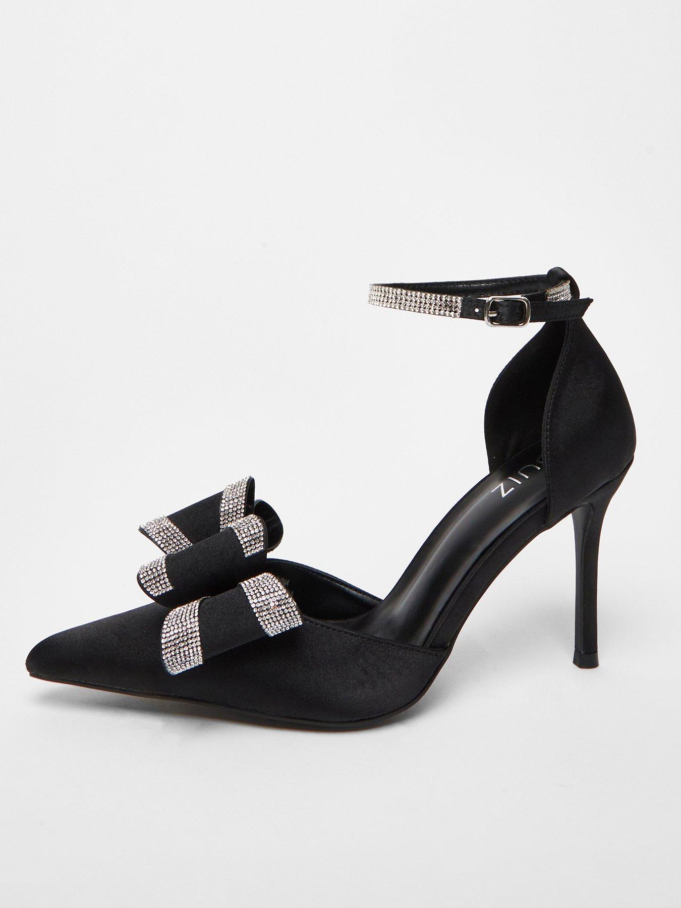 undefined Black Satin Diamante Bow Court Heels