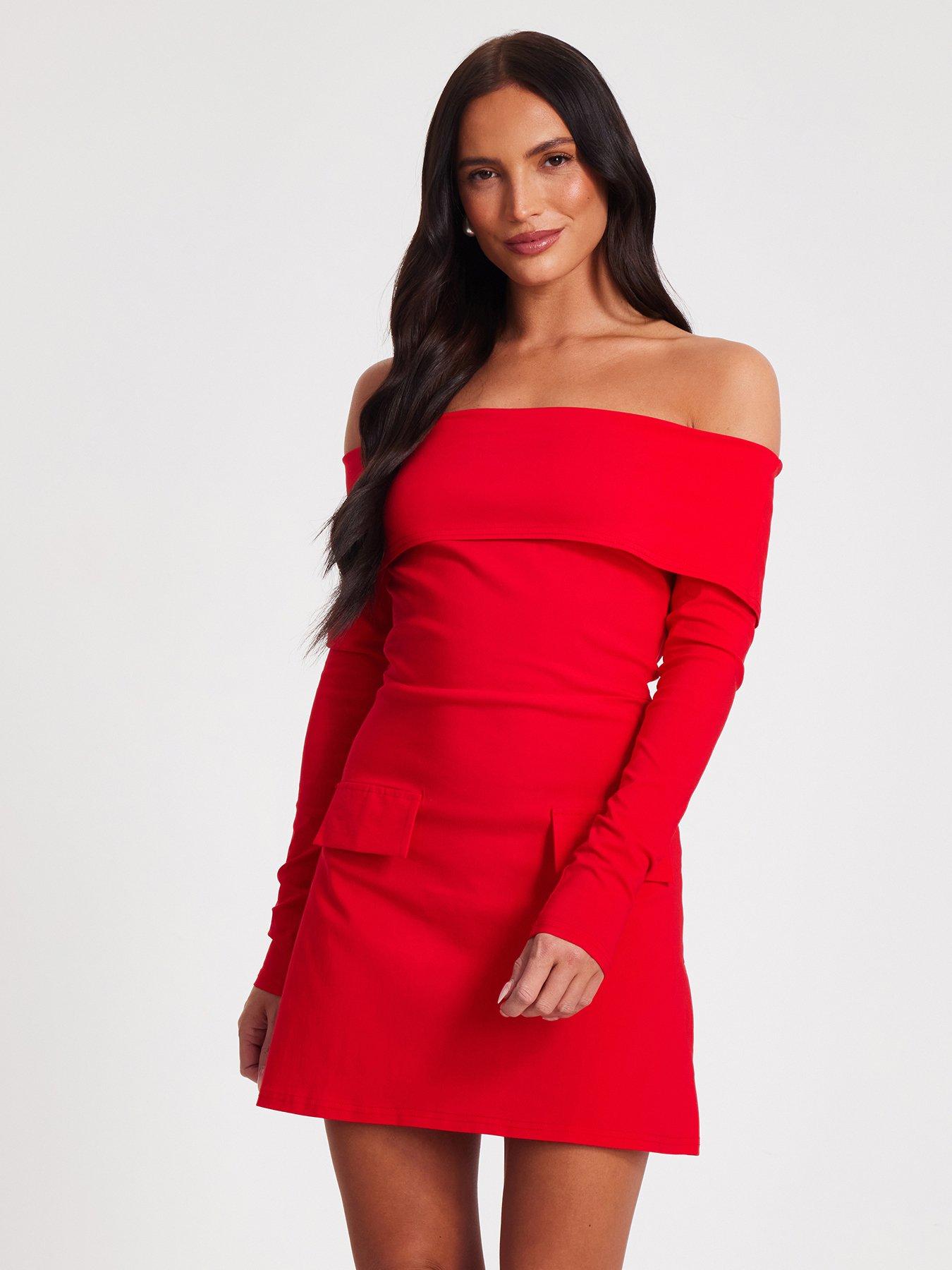undefined Red Bardot Long Sleeve Mini Dress