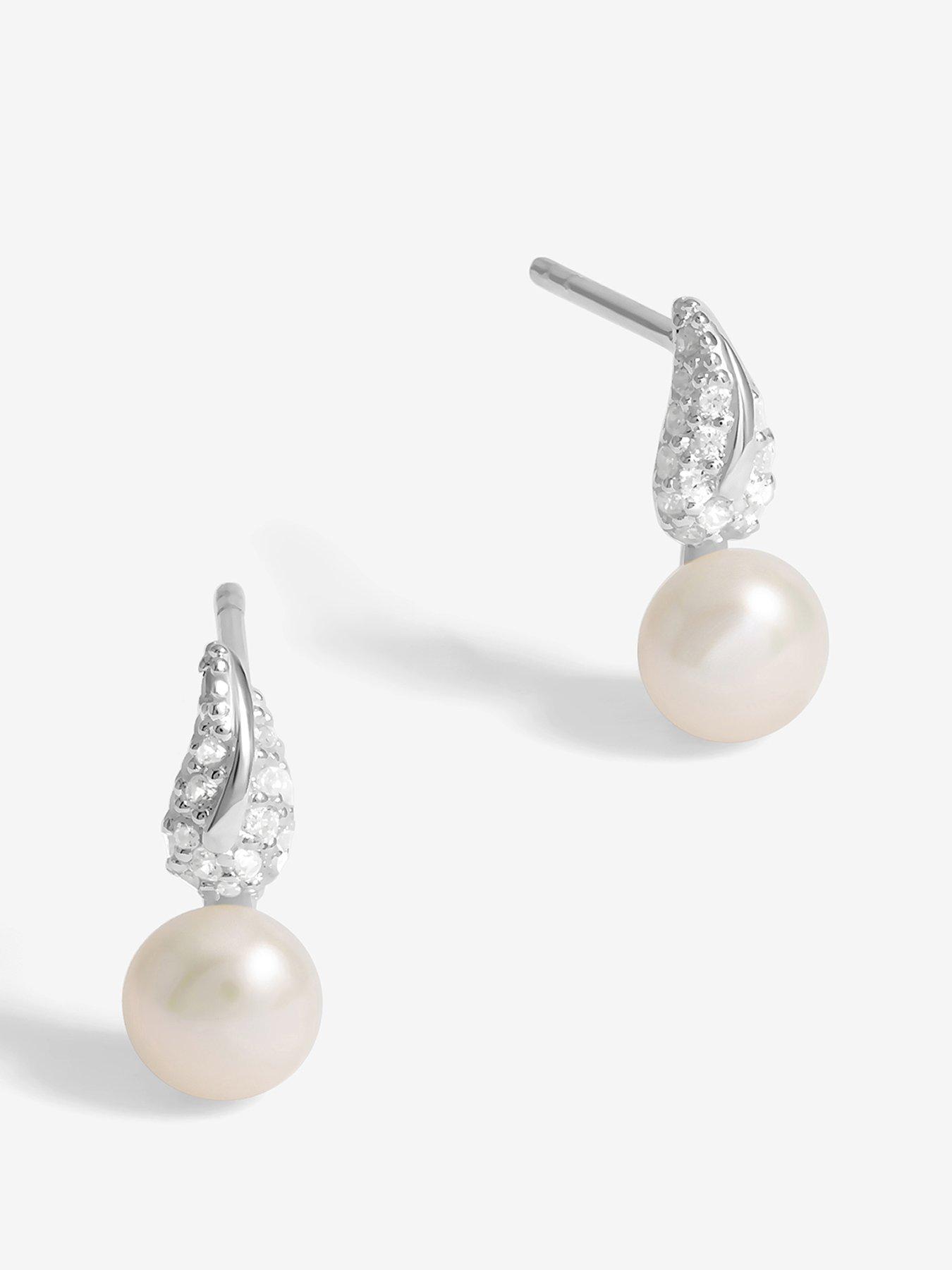 undefined Sterling Silver 925 Pave and Pearl Drop Stud Earrings