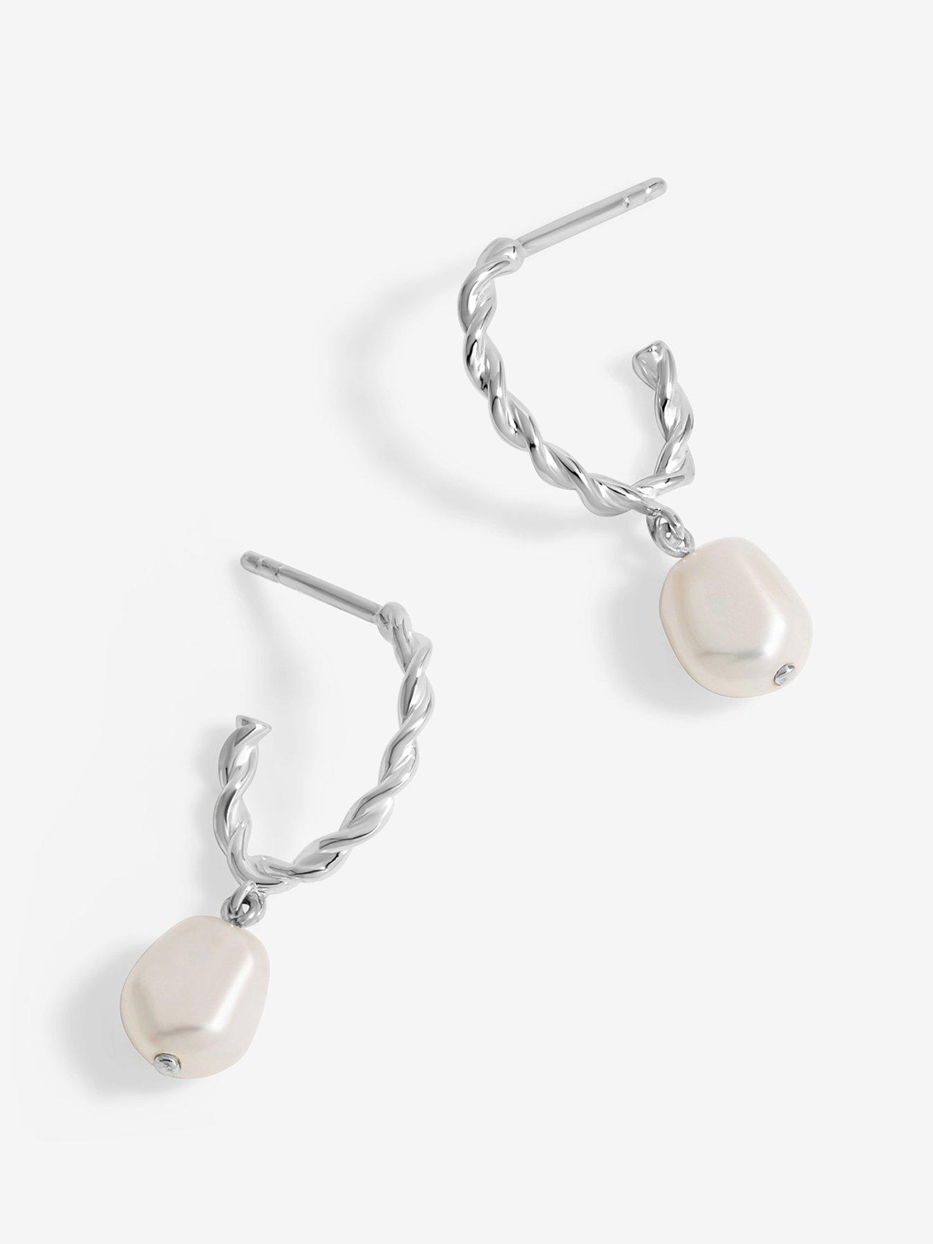 undefined Sterling Silver 925 Polished twist and Pearl Hoop Earrings