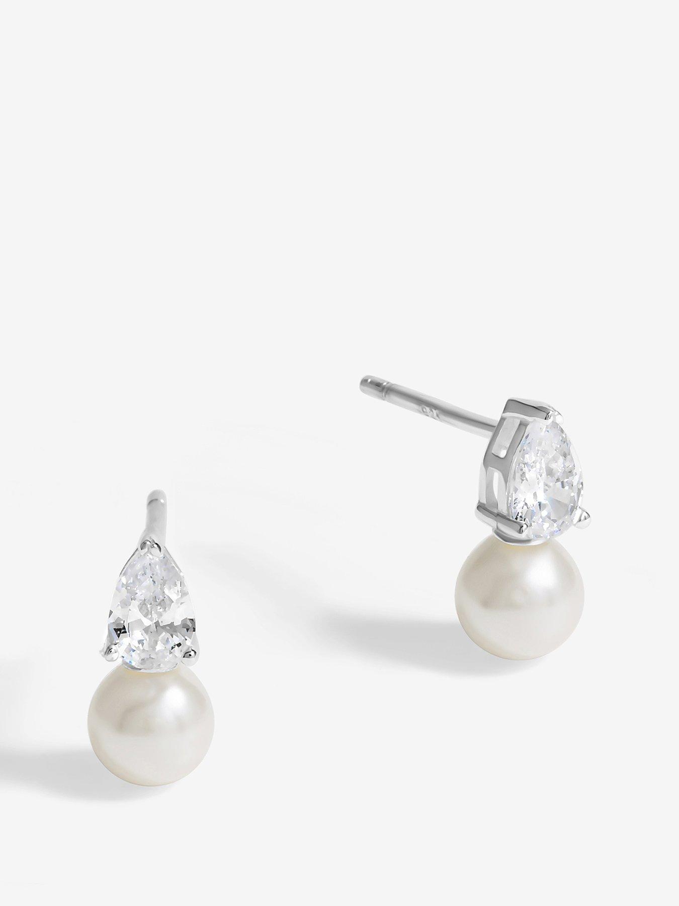 undefined Sterling Silver 925 Cubic Zirconia and Pearl Drop Stud Earrings