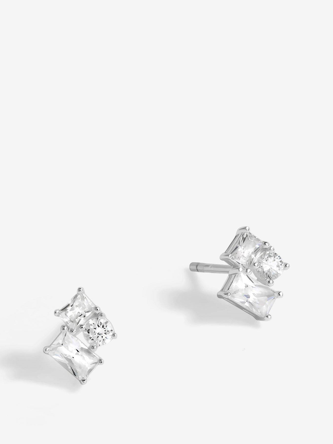 undefined Sterling Silver 925 Cubic Zirconia Scattered Stone Stud Earrings